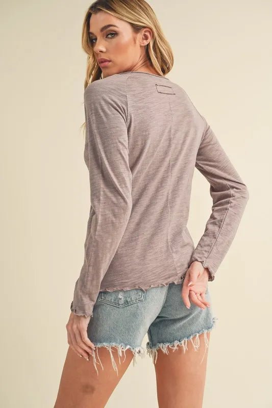 Aemi + Co Women's Lettuce Hemline Round Neck Raglan Sleeve T-Shirt | Casual Comfort Top for Everyday Wear, Lounge & Outings