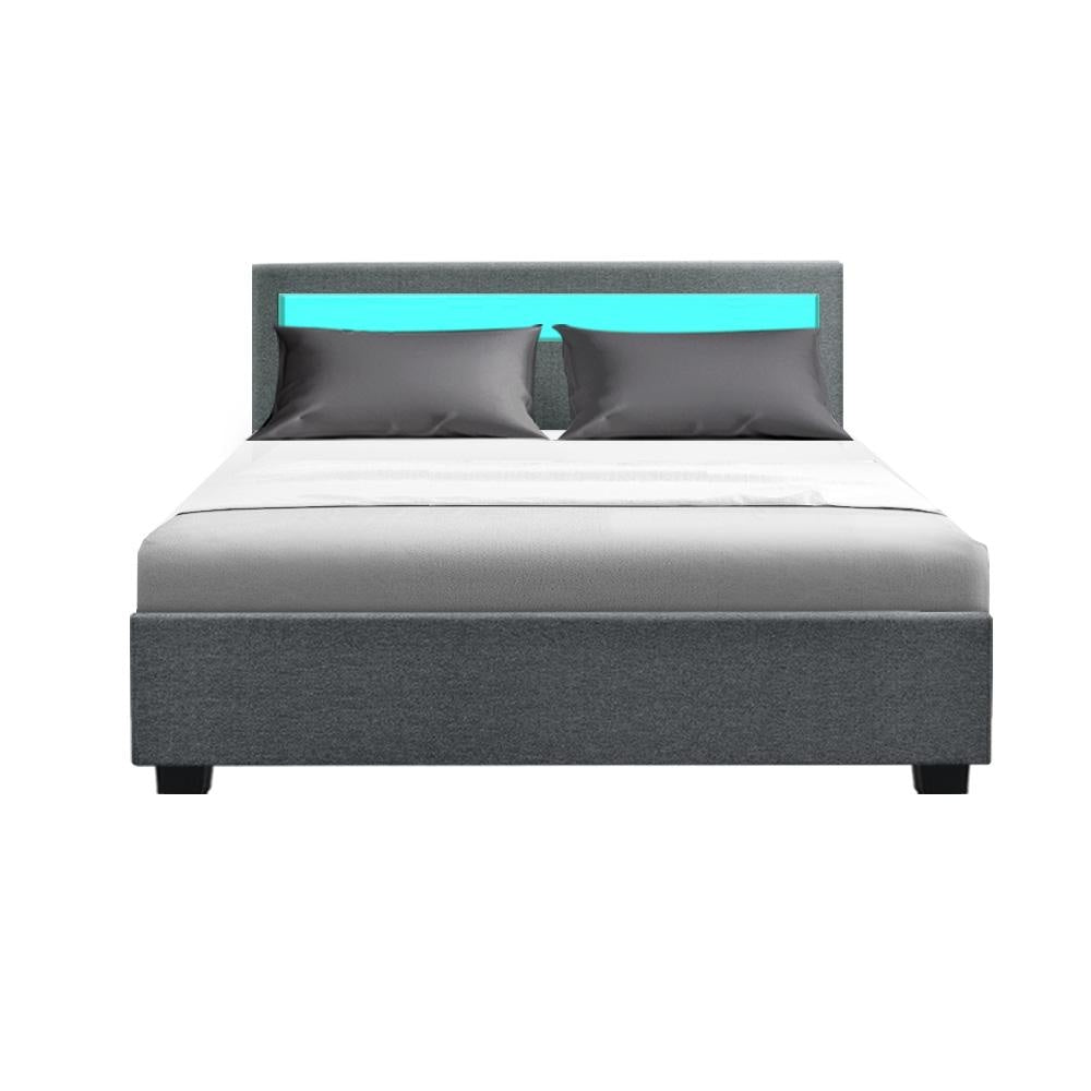 Cole LED Bed Frame with Fabric Upholstery & Gas Lift Storage - Grey Double Size, Perfect for Modern Bedrooms & Small Spaces with Built-in LED Lighting & Underbed Storage