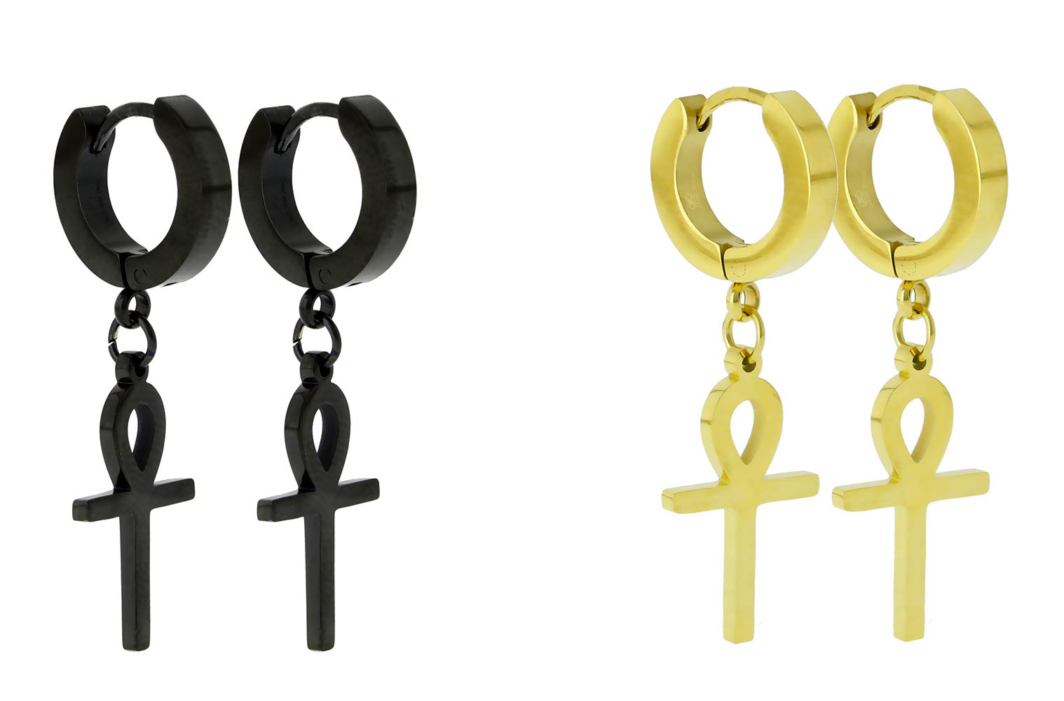 Anti-Tarnish Stainless Steel Ankh Cross Dangle Hoop Earrings - Egyptian Symbol Huggie Earrings for Women (Silver, Gold, Black) - Perfect for Boho, Gothic & Everyday Fashion Accessories
