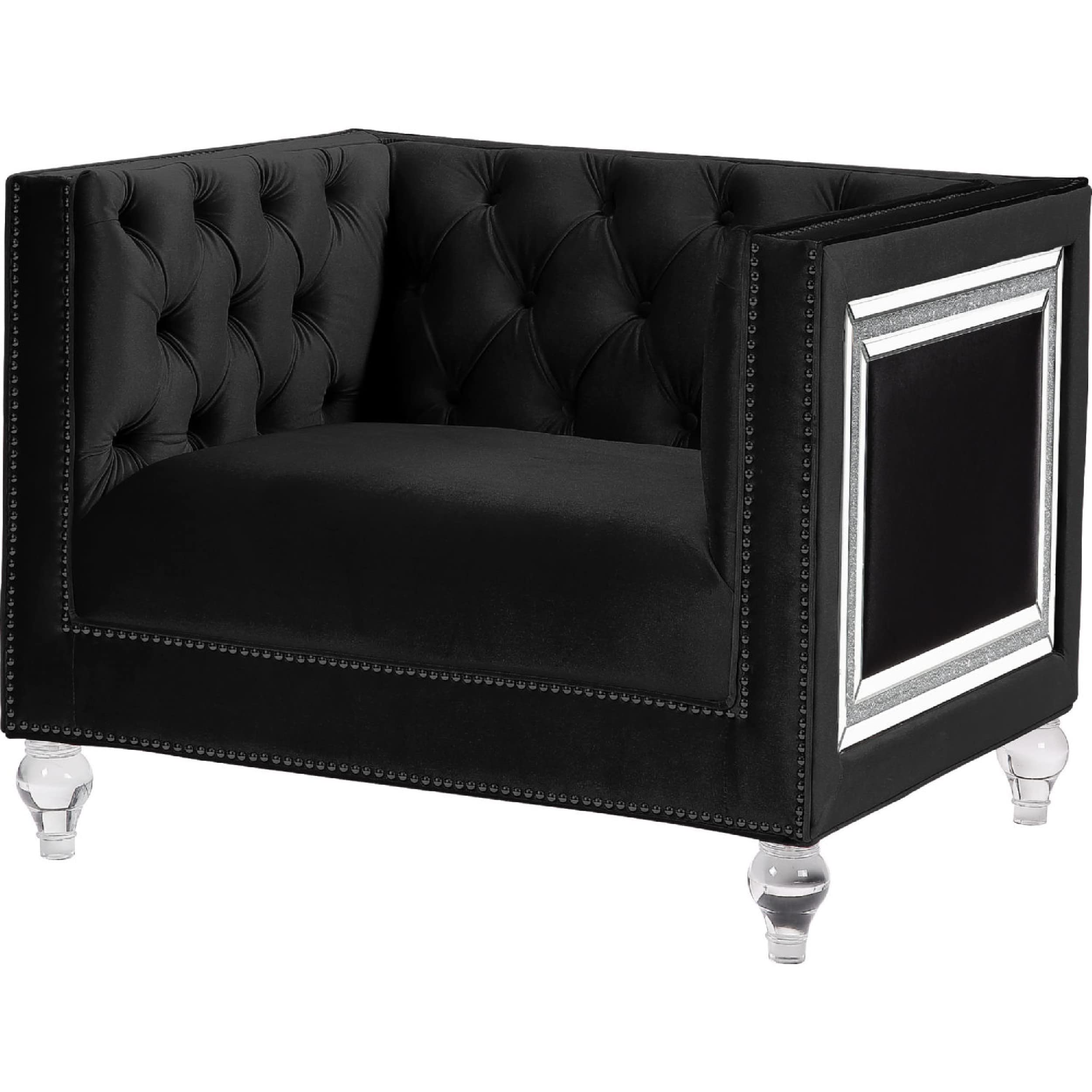 Benjara Black Accent Chair with Shelter Arms & Mirrored Trim - Elegant Living Room Seating for Home Decor & Lounge Areas