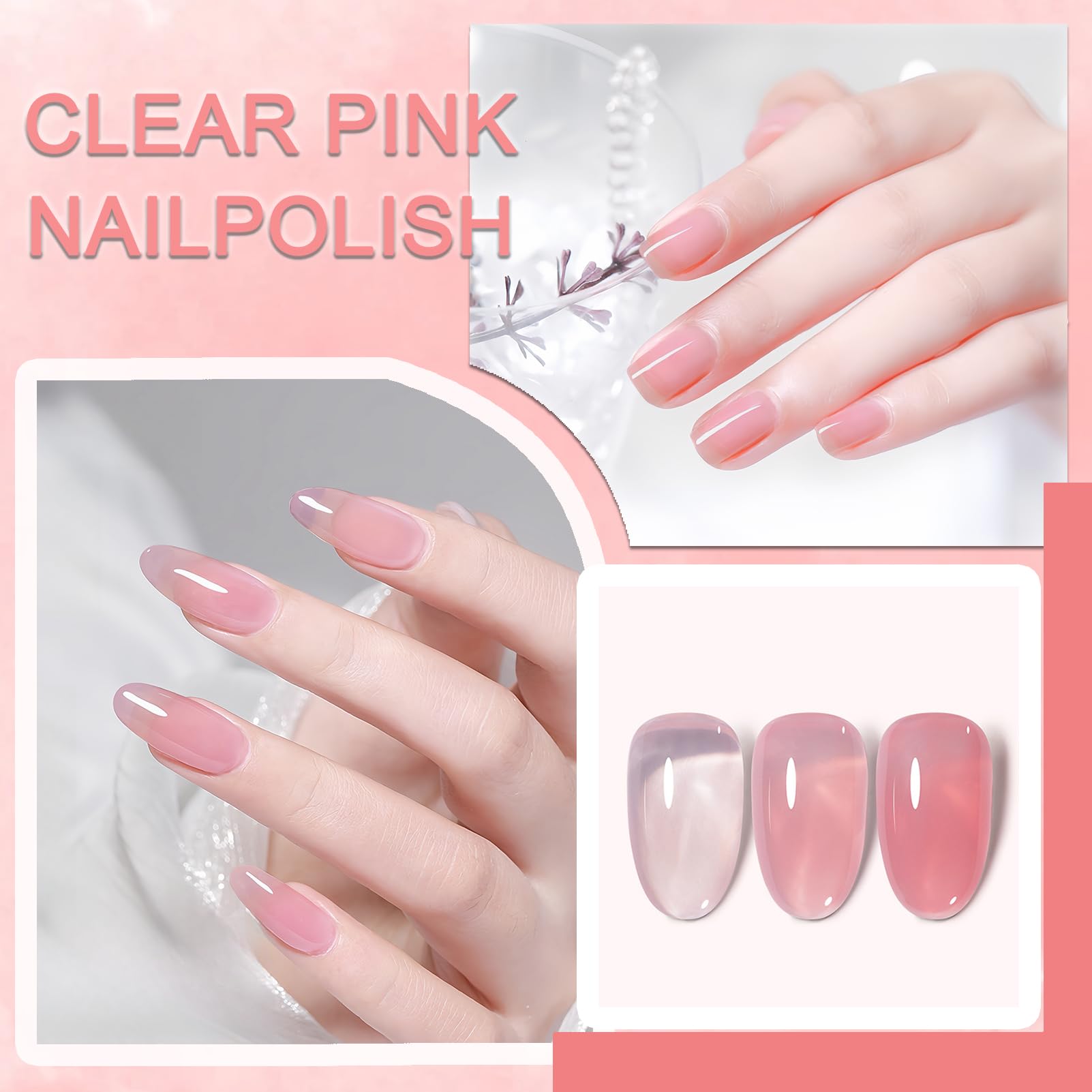 Pink Jelly Nail Polish - Quick Dry Sheer Gel Polish for Women & Girls (12ml) | Translucent Nail Art Starter Kit for Home Manicures & DIY Nail Designs