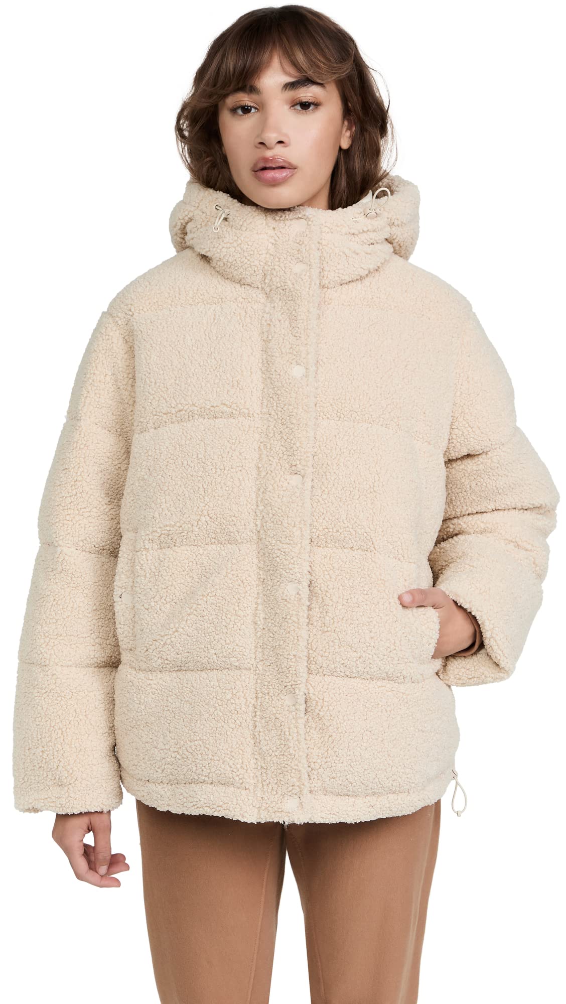 Good American Essentials Women's Sherpa Cocoon Puffer Jacket - Warm Winter Coat with Faux Fur Trim for Cold Weather | Cozy Outerwear for Casual Outings & Outdoor Activities