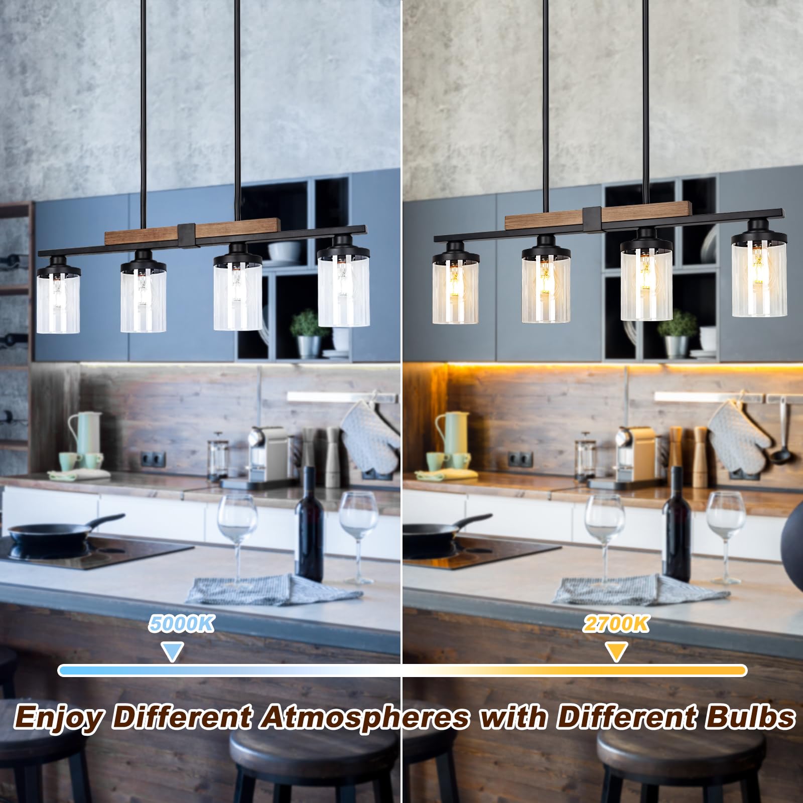Farmhouse 4-Light Wood Chandelier - Adjustable Height Kitchen Island Pendant Lighting, Modern Industrial Black Ceiling Fixture for Dining Room & Living Room | Perfect Over Table, Breakfast Bar or Open Concept Spaces