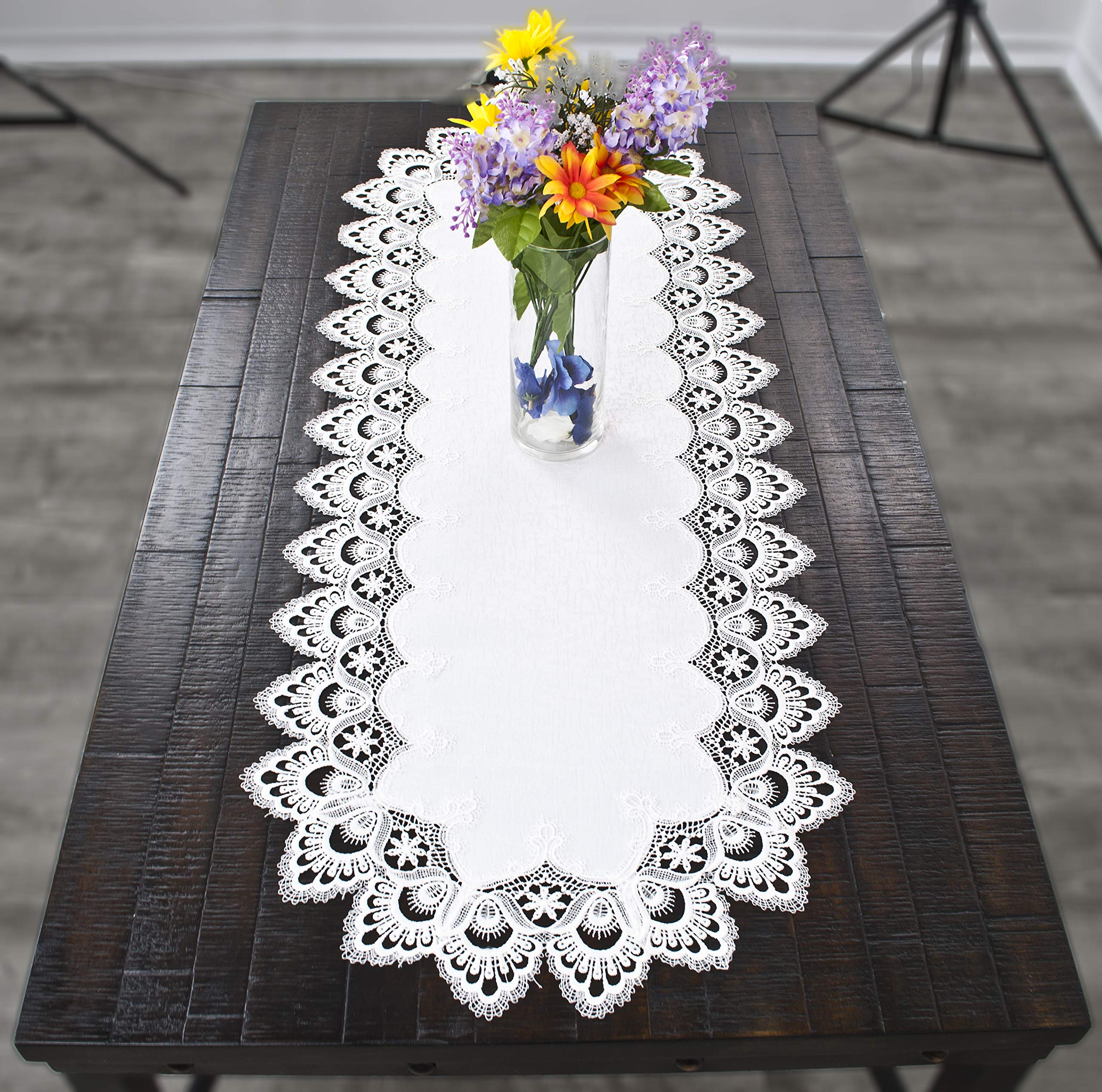 Elegant White Jacquard Peacock Tail European Lace Table Runner - 16x53 Inch Wedding Decor, Dining Table Scarf, Dresser Cover for Home Decor & Special Occasions