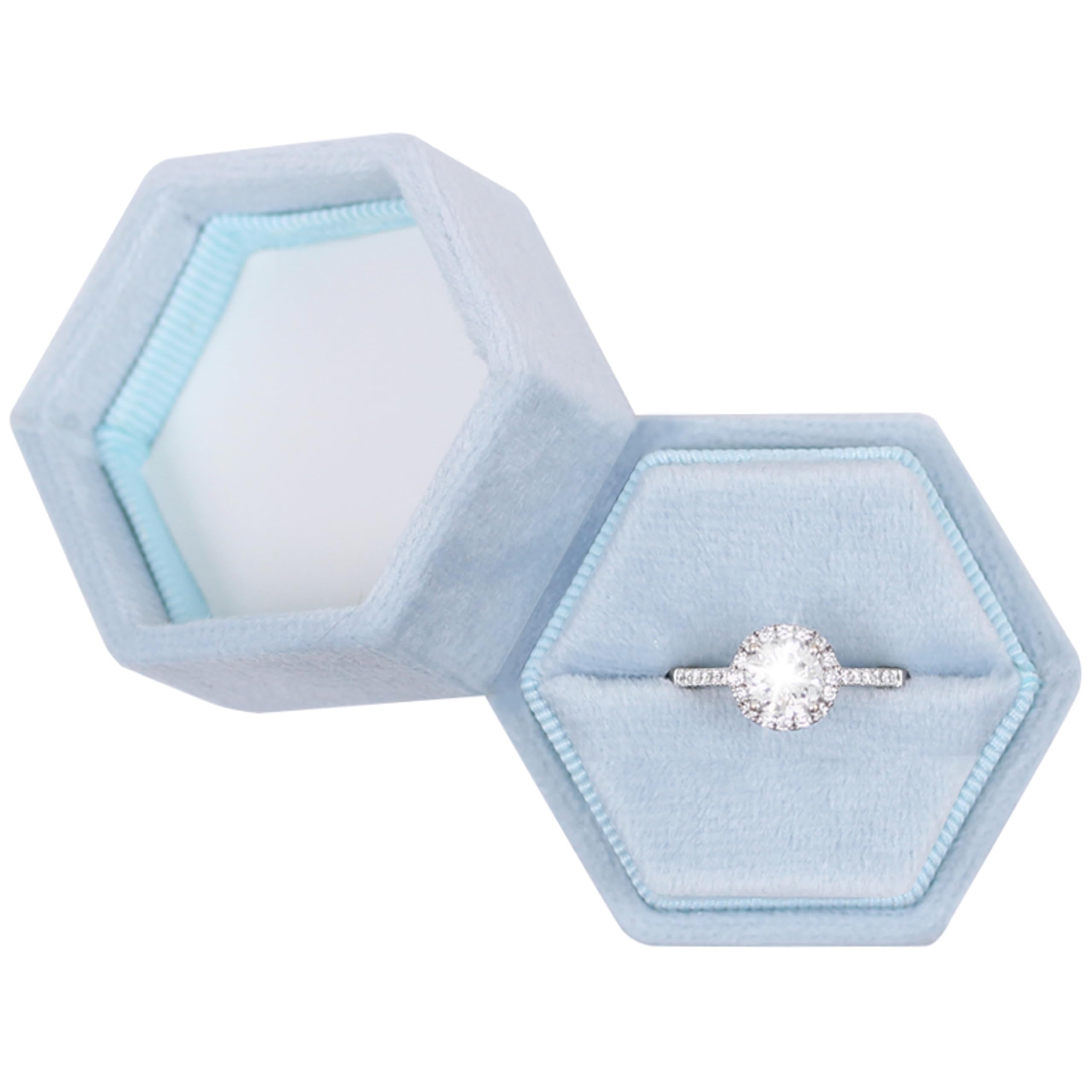 Hexagon Velvet Jewelry Box - Single Slot Ring Box for Engagement, Wedding & Bridal Keepsake - Sky Blue - Perfect for Proposals, Anniversaries & Photo Shoots