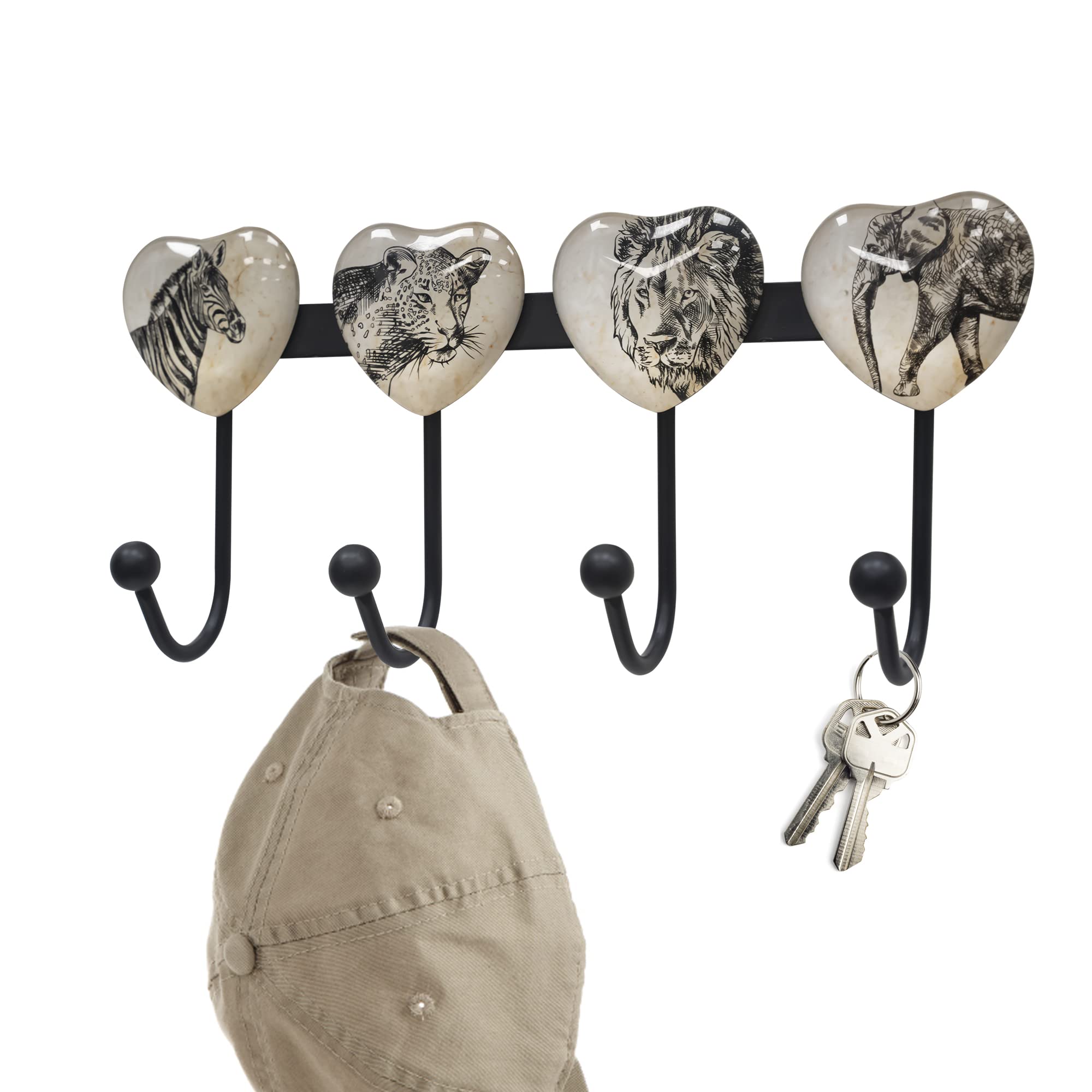Stylish Wall Mounted Coat Rack with 4 Hooks - Heart Glass Finishes & Animal Patterns (Elephant, Lion, Zebra, Leopard) - Decorative Wall Hooks for Entryway, Perfect for Hanging Hats, Keys, Towels, Purses & Bags - Durable Metal Construction - Ideal for Home, Office, or Apartment Organization