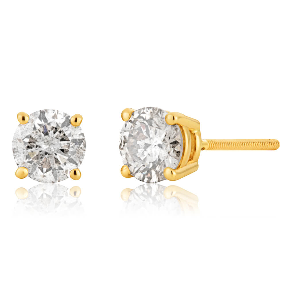 14K Yellow Gold Diamond Stud Earrings - 1 Carat Total Weight (TW) Round Cut Diamond Earrings for Women | Perfect for Weddings, Anniversaries & Special Occasions