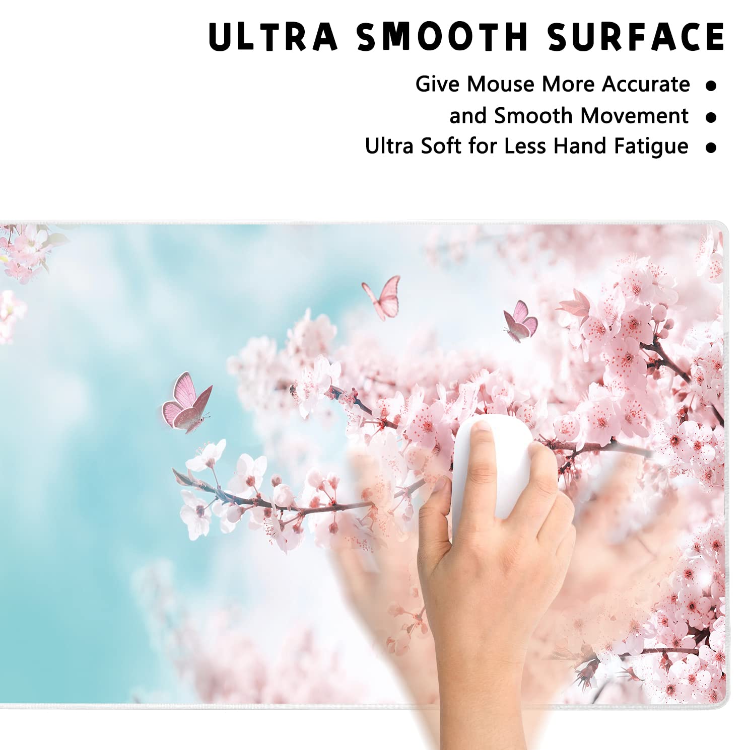 XXL Extended Gaming Mouse Pad - Dreamy Romantic Pink Sakura Butterflies Design, Non-Slip Rubber Base & Stitched Edges (35.4 x 15.7 Inch) - Perfect for Office, Gaming & Home Decor for Women, Girls & Men