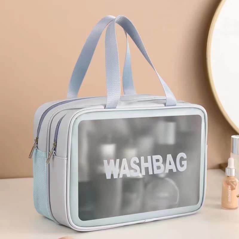 Clear Transparent Travel Toiletry Bag - Double Layer Waterproof & Draining Cosmetic Makeup Organizer for Women & Girls - Perfect for Airplane Carry-On, Gym, Beach & Vacation Essentials