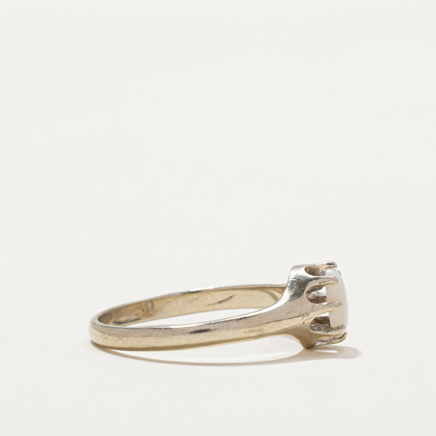 14K White Gold Belcher Set Opal Ring - 0.22ct Natural Opal Gemstone, Size 6.75, Dainty Women's Jewelry for Engagement, Anniversary & Everyday Wear