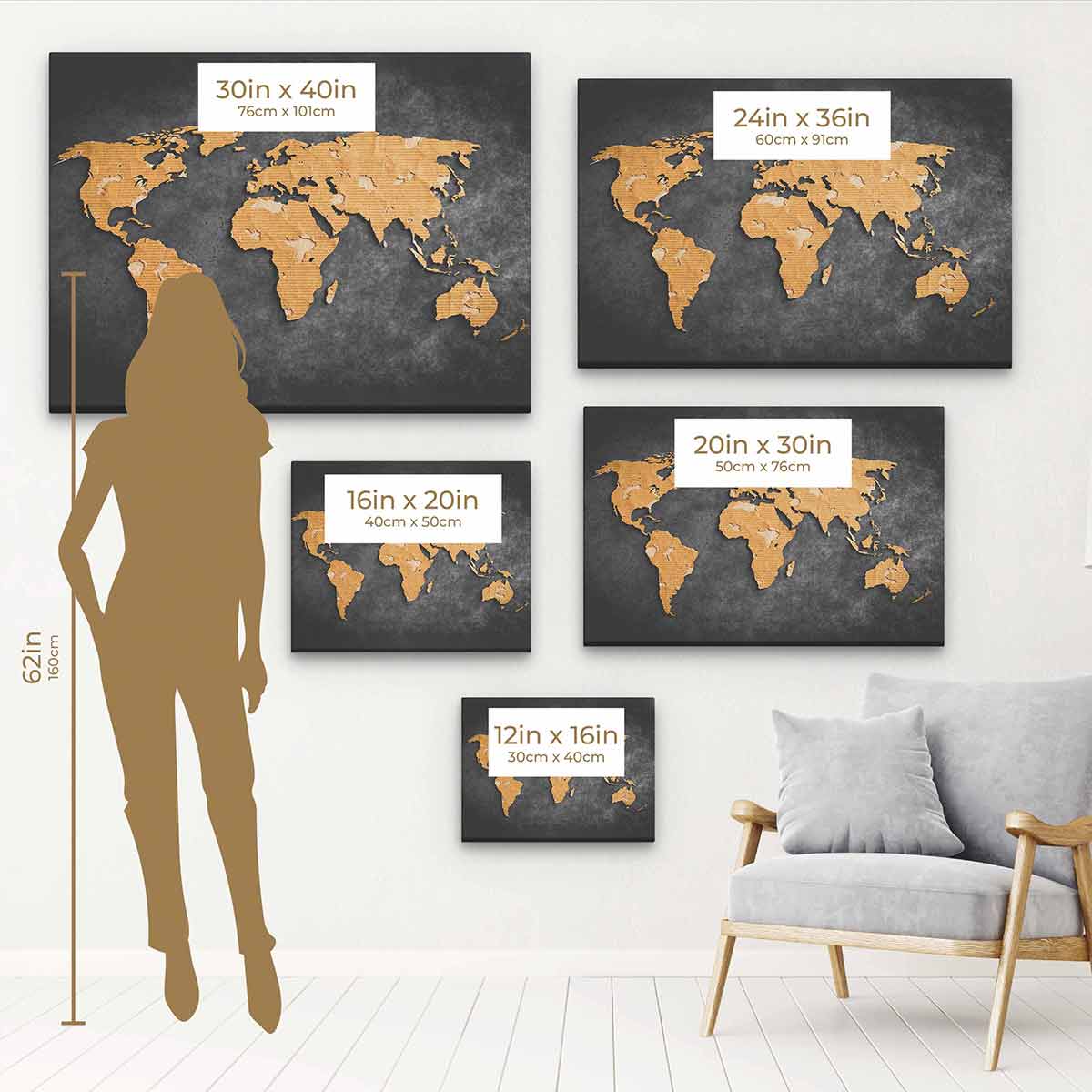 Black World Map Wall Art Canvas Print - Modern Home Decor for Living Room, Office & Bedroom - Perfect Gift for Travel Lovers & Geography Enthusiasts
