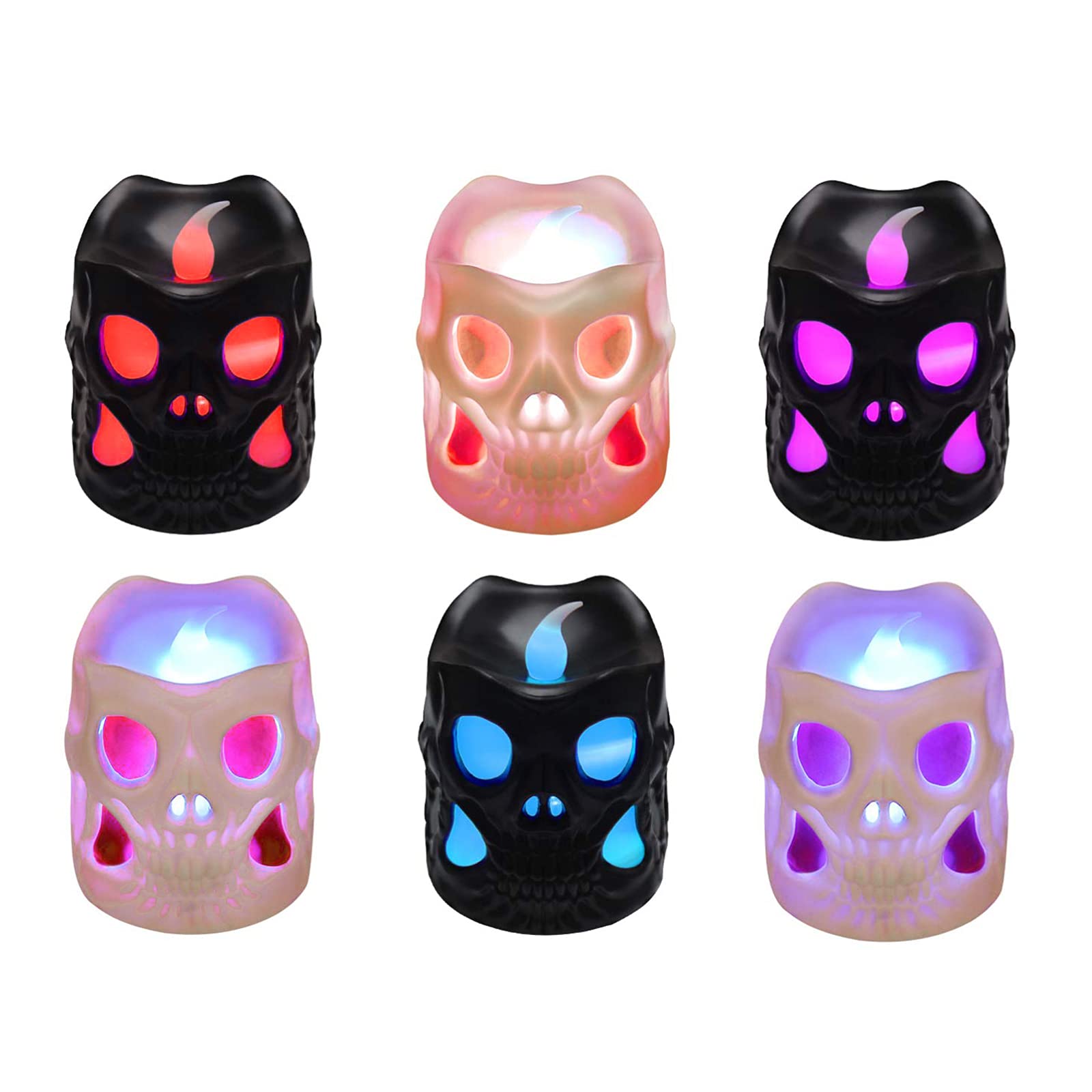 Flameless LED Candles Set of 6 - Skeleton Skull Tea Lights with Realistic Flickering Effect for Halloween Party Decor, Home Indoor Decorations (3 Black + 3 White) - Perfect for Spooky Centerpieces, Haunted House Themes & Gothic Wedding Accents