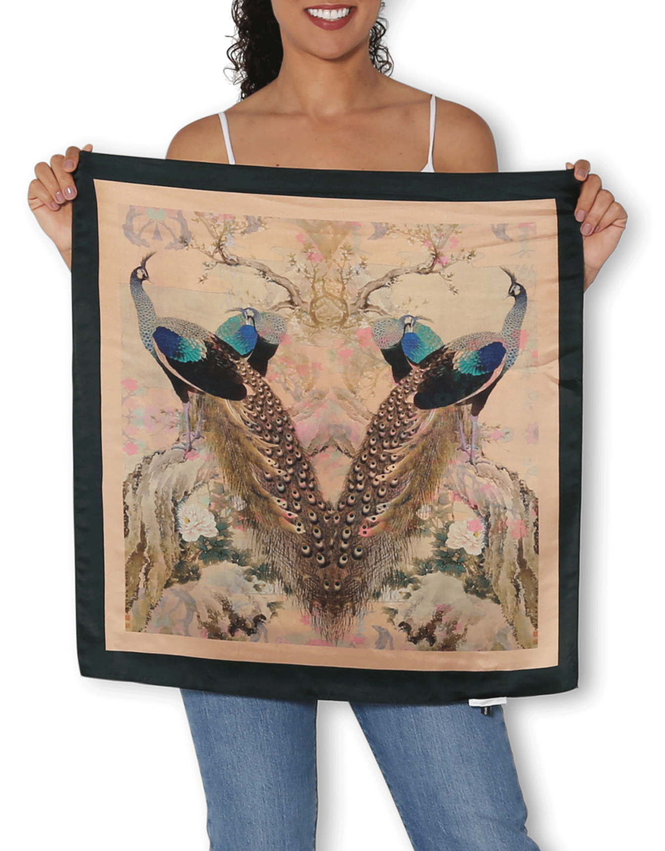 The Artists Label Silk Square Vintage Peacock Scarf - Elegant Fashion Accessory for Women, Perfect for Parties, Weddings & Special Occasions