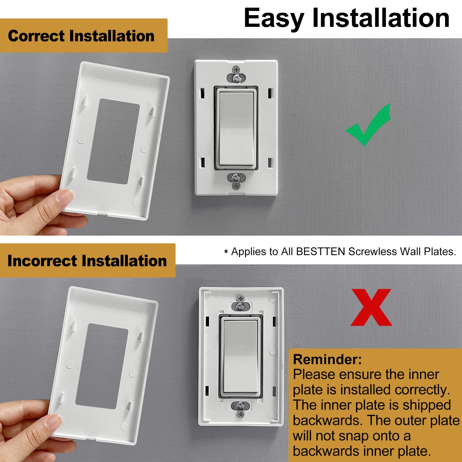 (100 Pack) BESTTEN 1-Gang Screwless Wall Plate - Glossy White Decorator Outlet Cover for Light Switch, Dimmer, USB, GFCI & Receptacle - Ideal for Home, Office & Commercial Renovations