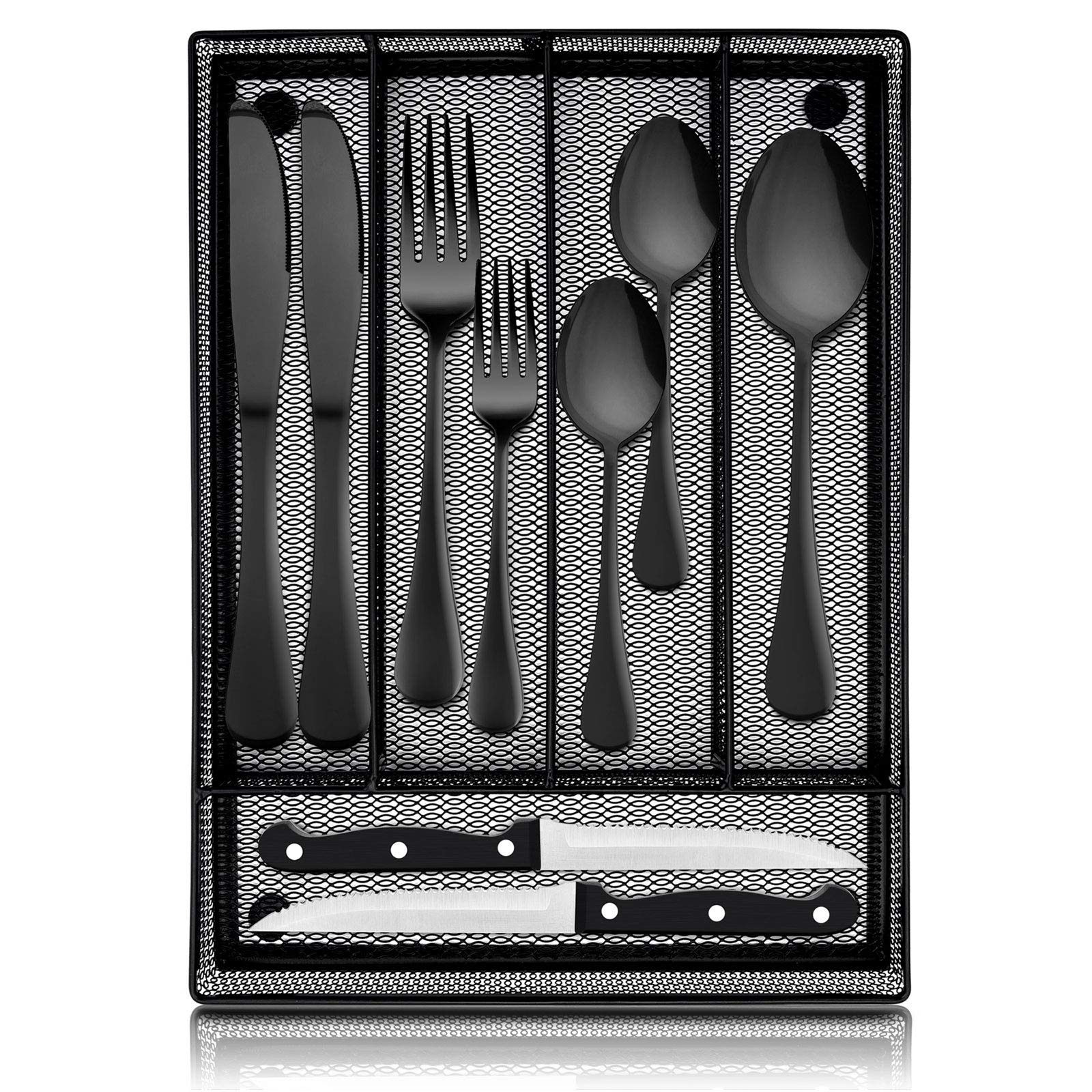 24-Piece Stainless Steel Flatware Set - Black Silverware with Steak Knives & Organizer for 4 People | Dishwasher Safe Mirror Polished Cutlery Set | Perfect for Wedding, Home Dinner Party & Restaurant Use