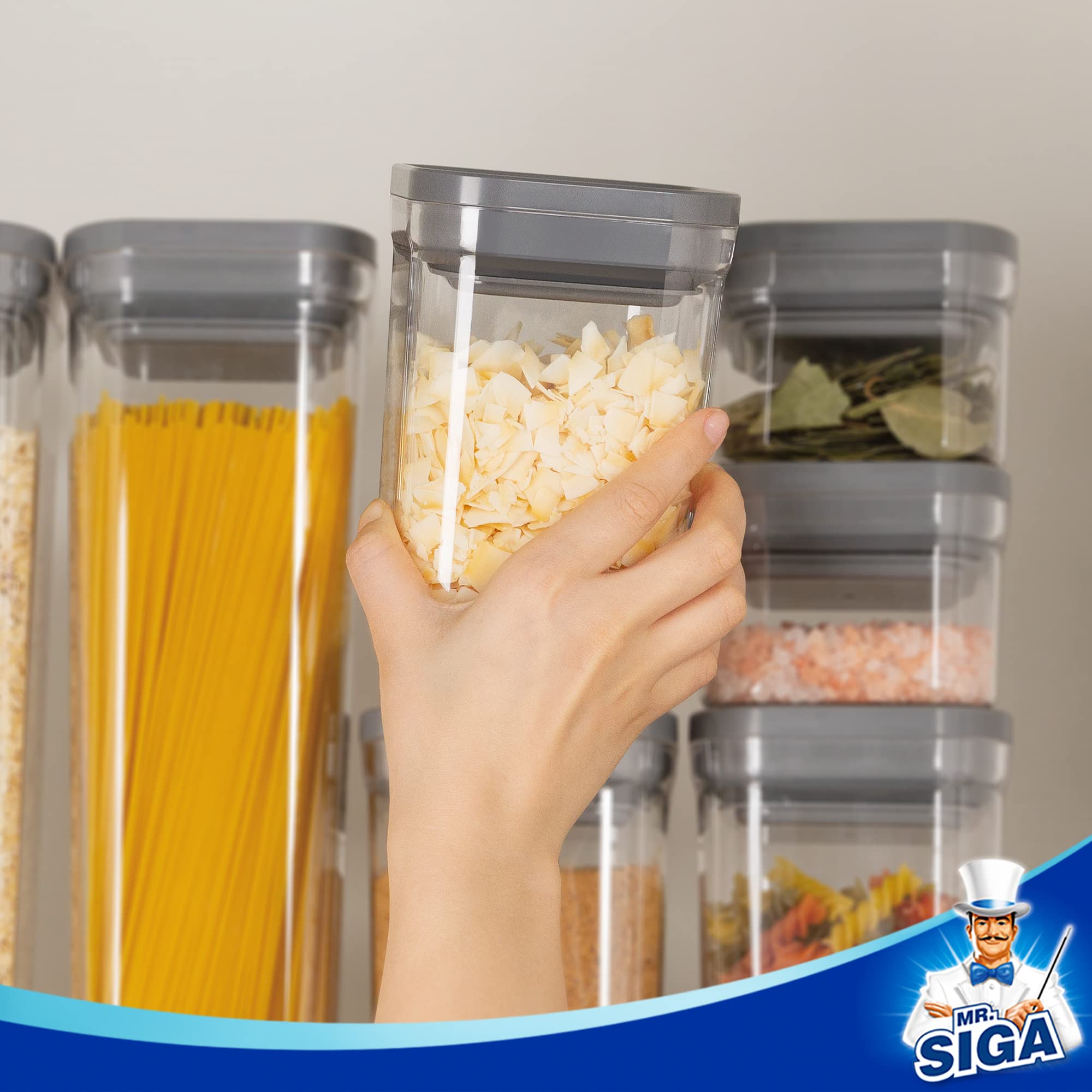 MR.SIGA 6-Piece Airtight Food Storage Container Set - BPA-Free Kitchen Pantry Organization Canisters for Cereal, Pasta, Spaghetti & Dry Goods | One-Handed Operation | Space-Saving Stackable Design | Ideal for Pantry, Kitchen & Meal Prep Organization