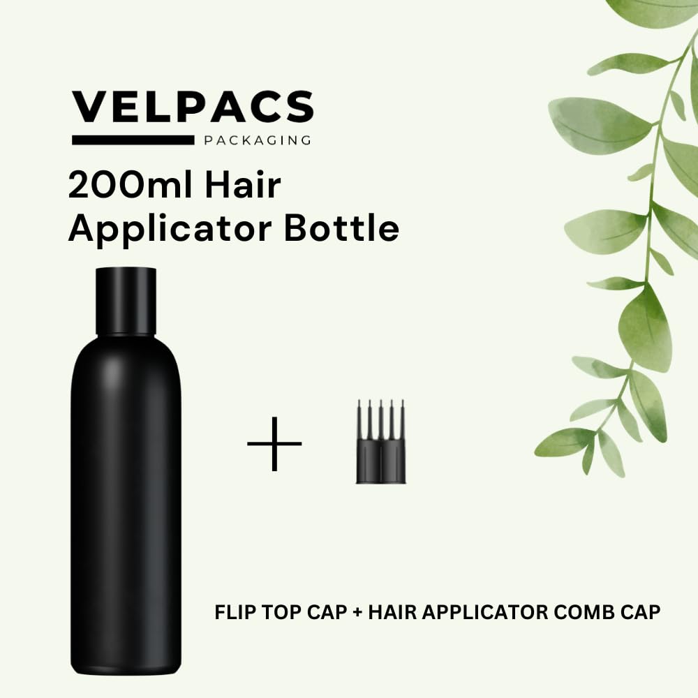 Velpacs 200ml Empty Black Plastic Root Applicator Bottle with Comb Head for Hair Dye, Oil, Rosemary Tea, Shampoo Application | Travel-Friendly Hair Care & Styling Tools | Pack of 3 for Salon, Home Use & On-the-Go Touch Ups