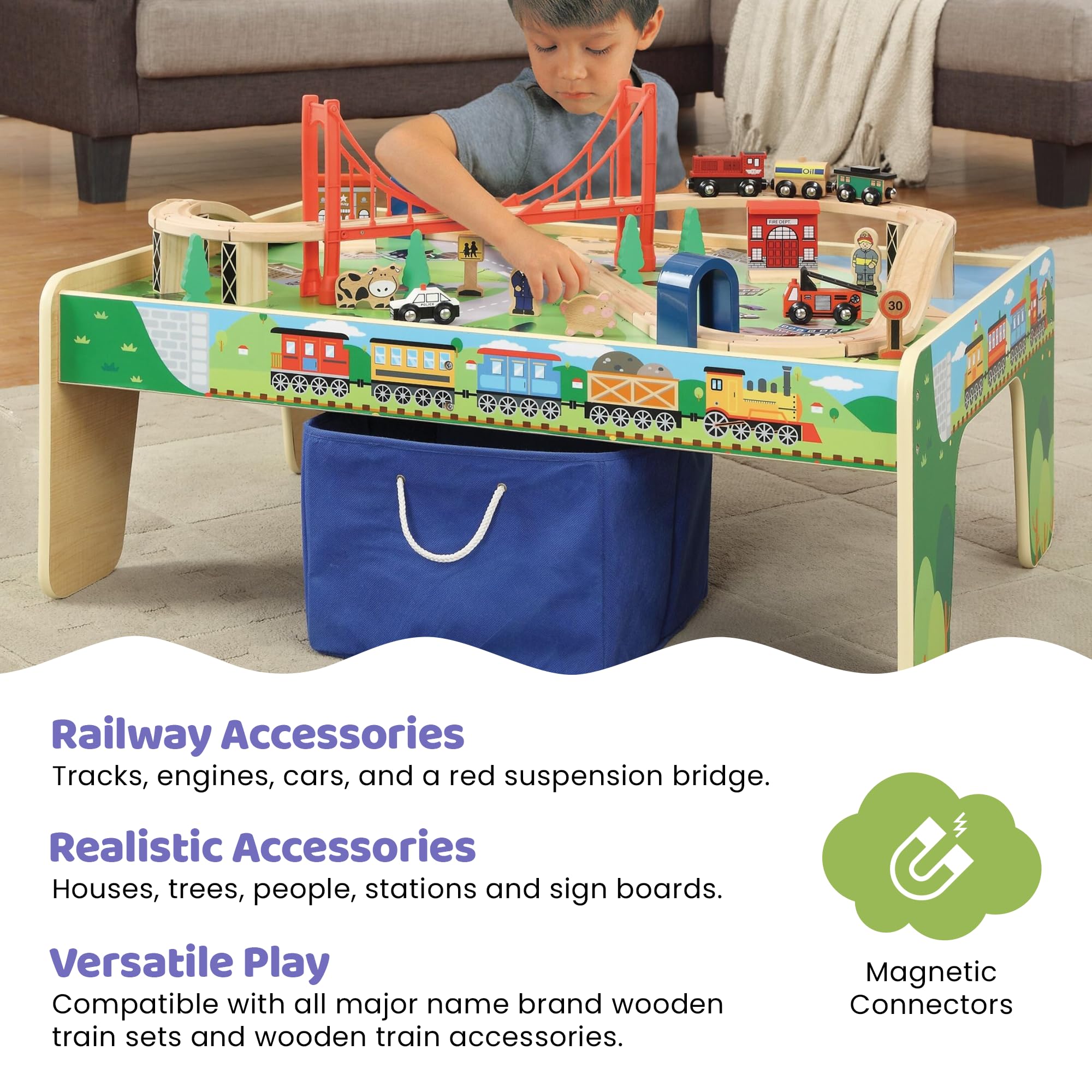 50-Piece Wooden Train Set with Activity Table & Storage Bin - 100% Hardwood Tracks, Engine, Oil Tanker, Caboose, Fire Truck, Train Station, Policeman & Farm Animals | Compatible with All Major Brands | Perfect for Kids' Playroom, Preschool Learning & Creative Imaginative Play
