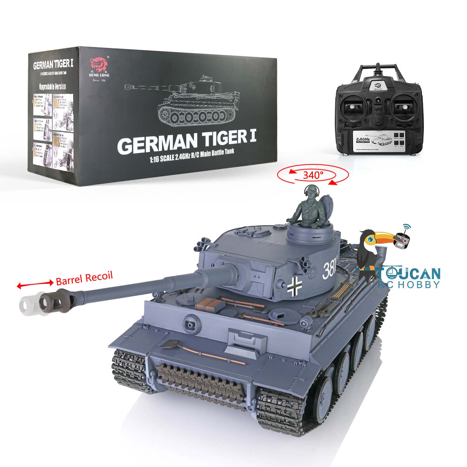 2.4GHz Henglong 1/16 Scale German Tiger I RC Tank - RTR Plastic Model with BB Shooting, Smoke Effect, Sound & Recoil (Item 3818-7.0) | Perfect for Military Enthusiasts, Collectors & Battle Reenactments