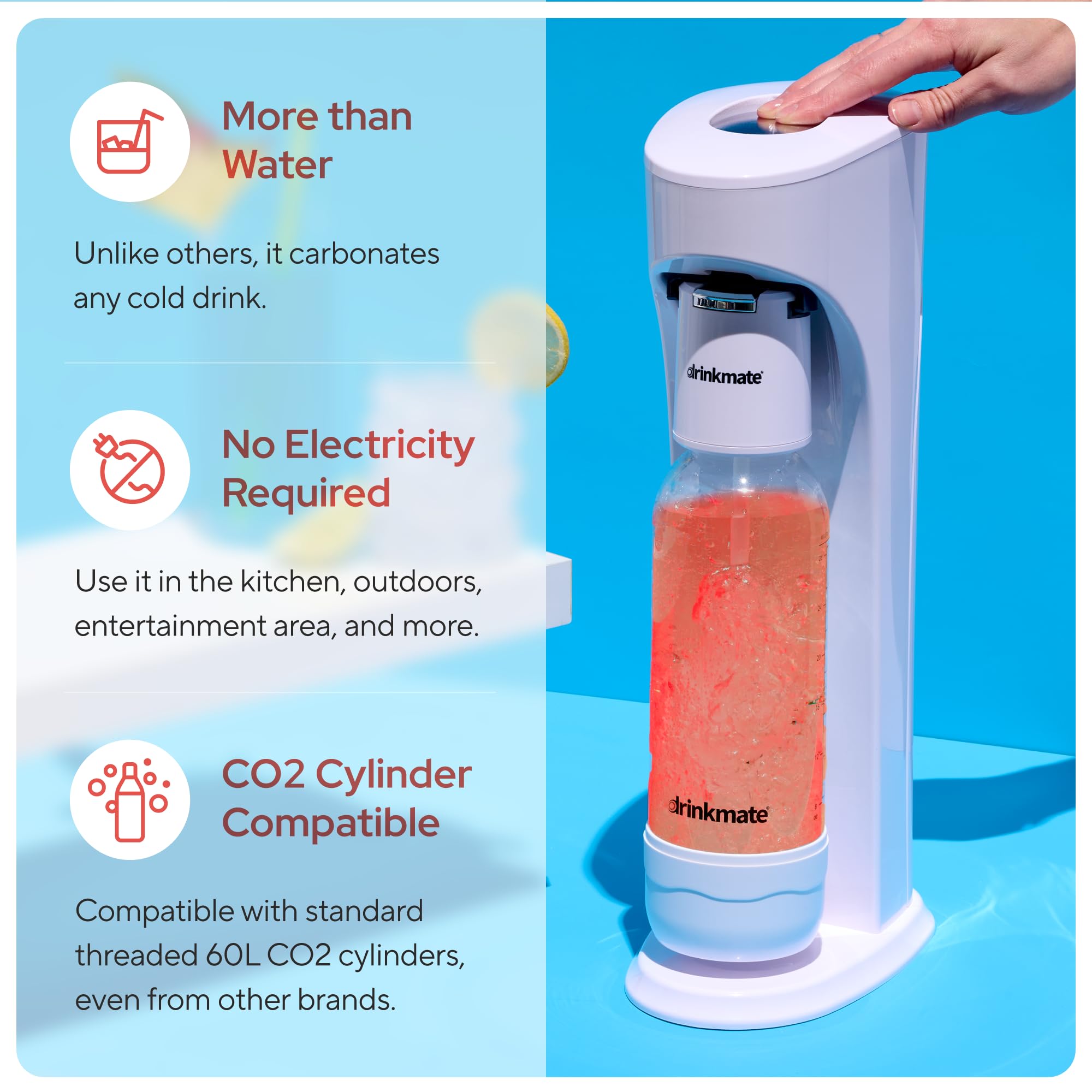 Drinkmate OmniFizz Sparkling Water Maker Machine - CO2 Carbonation System for Homemade Soda, Sparkling Water & Flavored Drinks - Includes 2 Syrups (Ginger Lemon & Italian Pomegranate) - Perfect for Home Bars, Parties & Healthy Hydration