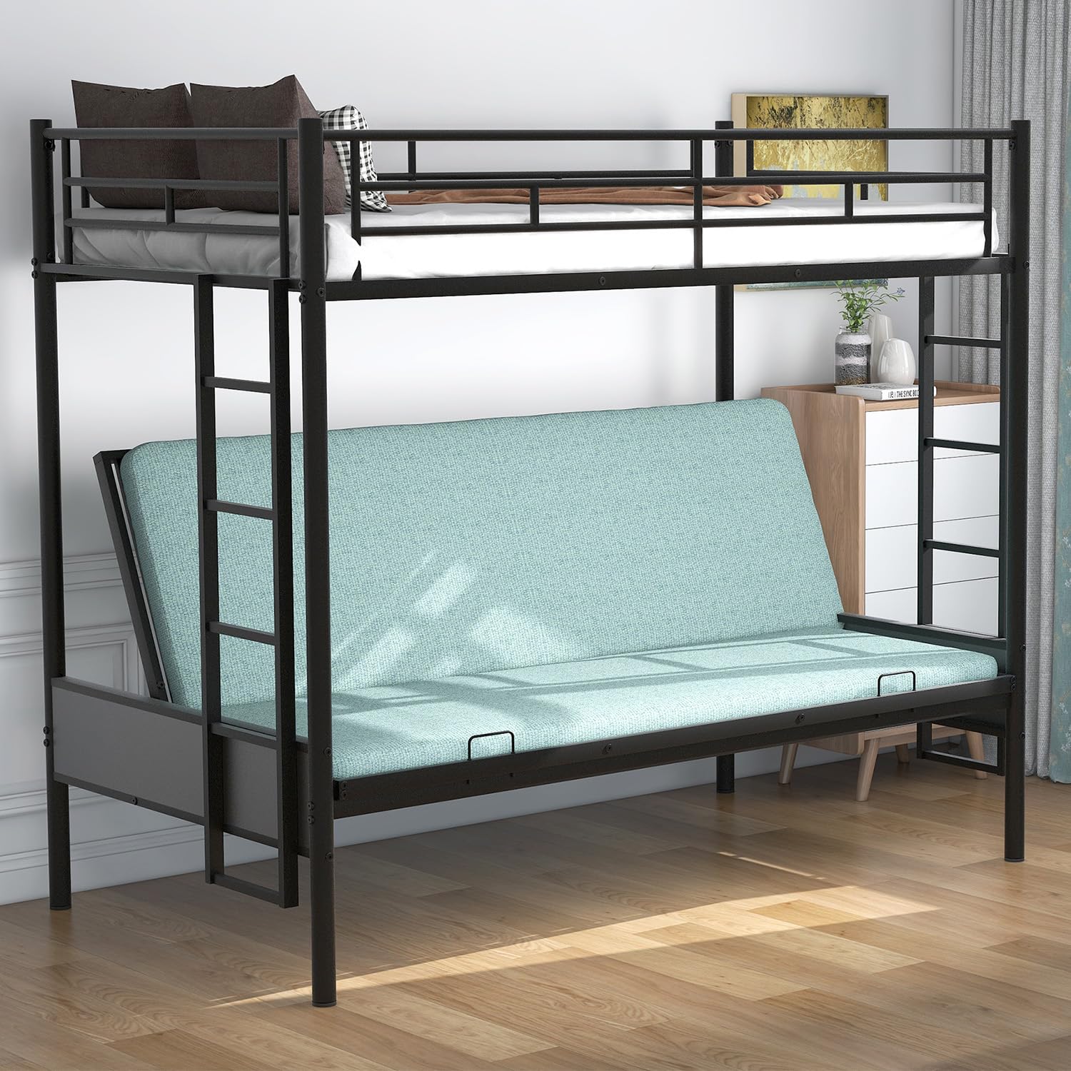 Convertible Twin Over Full Bunk Bed with Steel Frame - Sturdy Metal Bunk Bed with Guard Rail & Ladder for Kids, Teens & Adults - Space-Saving Black Bed Frame for Small Rooms, Guest Rooms & Dormitories