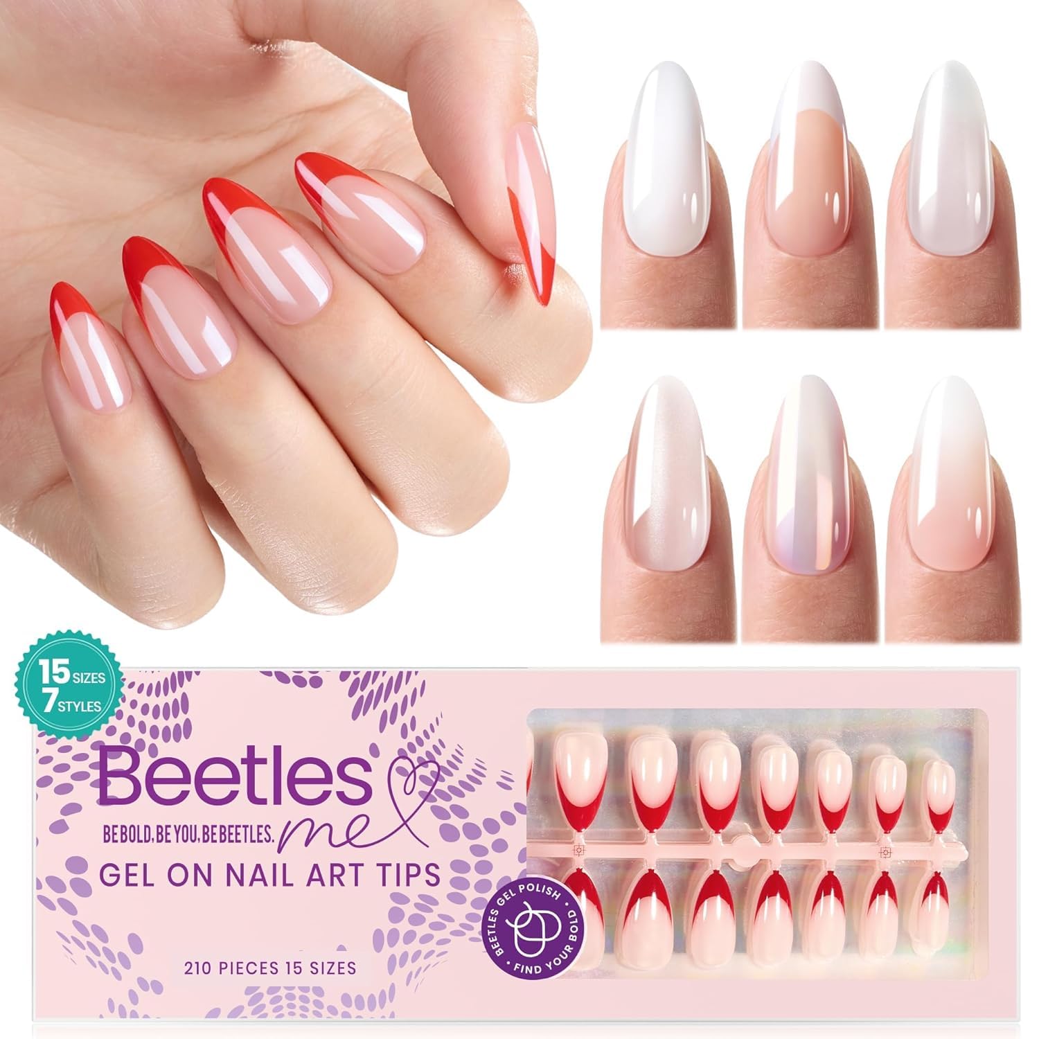 Beetles Red Press On Nails Almond Shape - 15 Sizes & 7 Styles Glazed Red Fake Nails with French Tips - Medium Almond Nail Extensions with Pre-Applied Primer - Perfect for Parties, Weddings, and Daily Wear