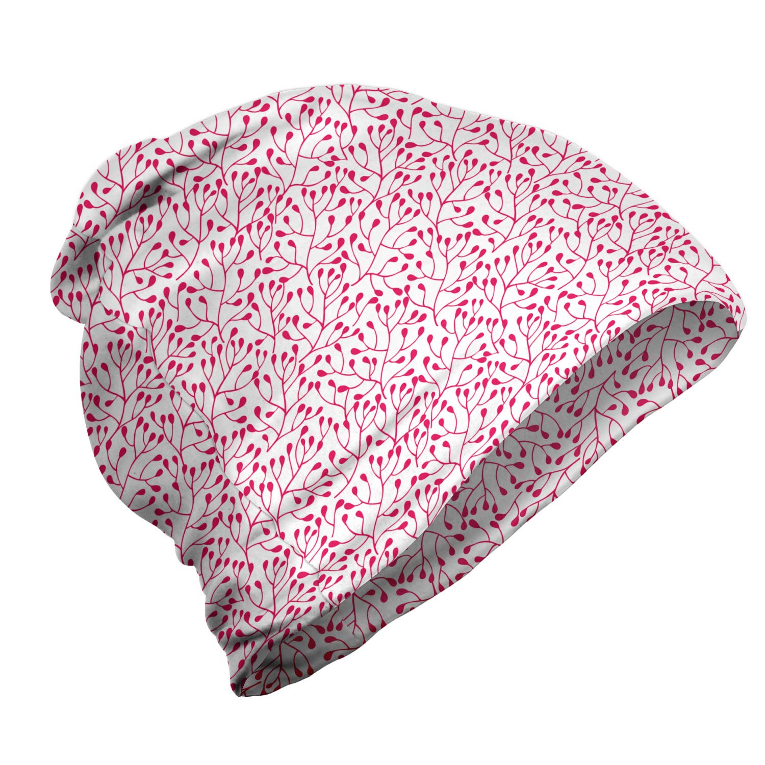 Ambesonne Unisex Winter Beanie Hat - Soft Knit Skull Cap with Botany Floral Design in Hot Pink & White - Perfect for Hiking, Outdoor Activities & Cold Weather Fashion