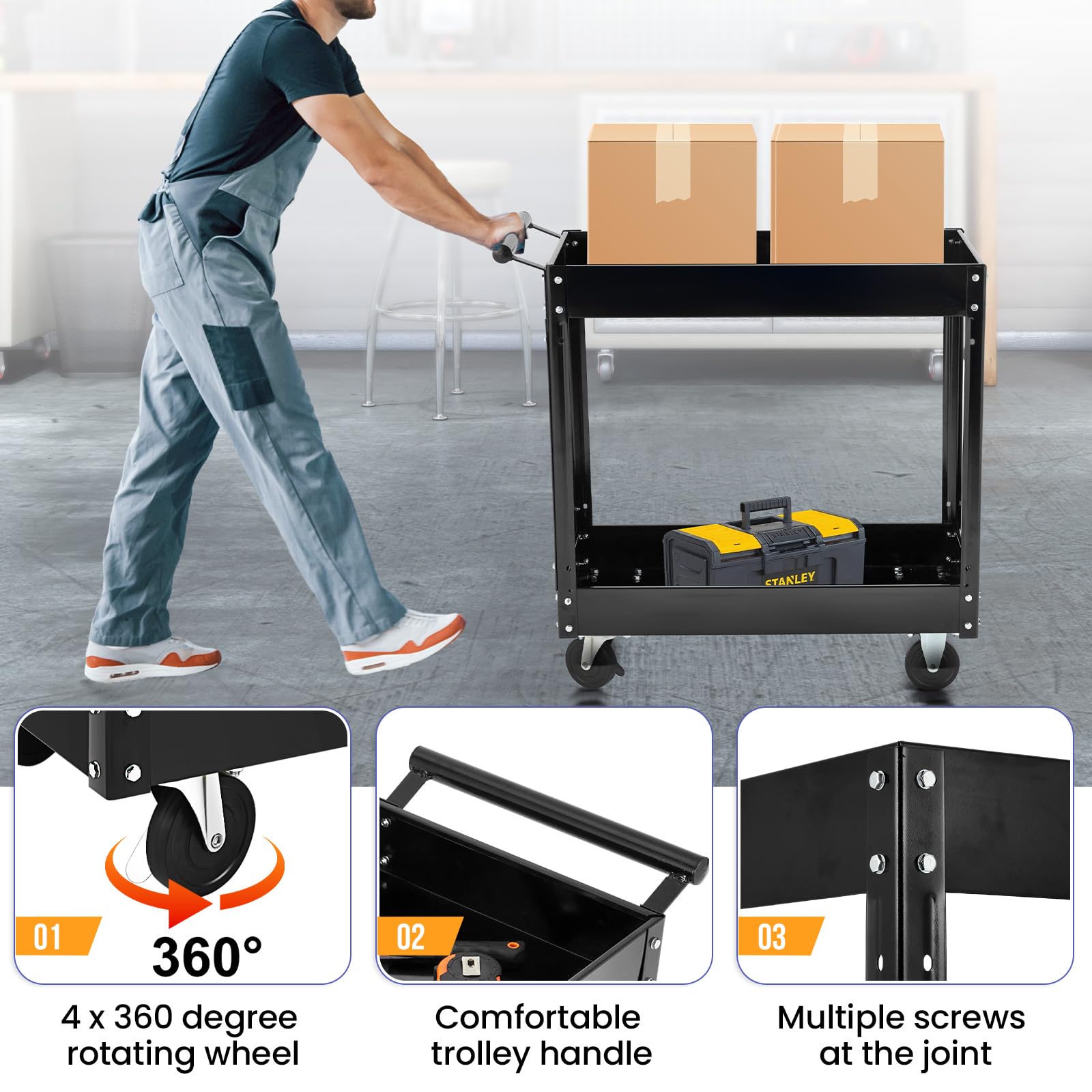 GARVEE 2-Tier Heavy Duty Rolling Tool Cart - 330 Lbs Capacity Steel Utility Cart with Wheels - 2-Shelf Metal Storage Organizer for Mechanics, Garage, Workshop & Warehouse - Perfect for Tool Organization and Mobile Workstations