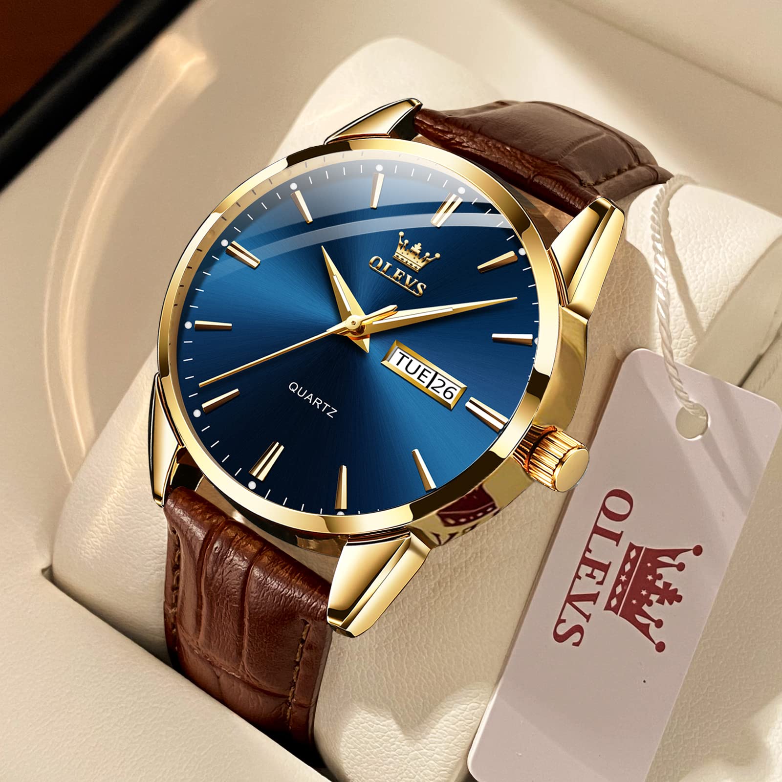 OLEVS Men's Brown Leather Watch with Luminous Hands, Rose Gold Case, Day Date Display - Waterproof Quartz Dress Watch for Business, Casual & Formal Occasions
