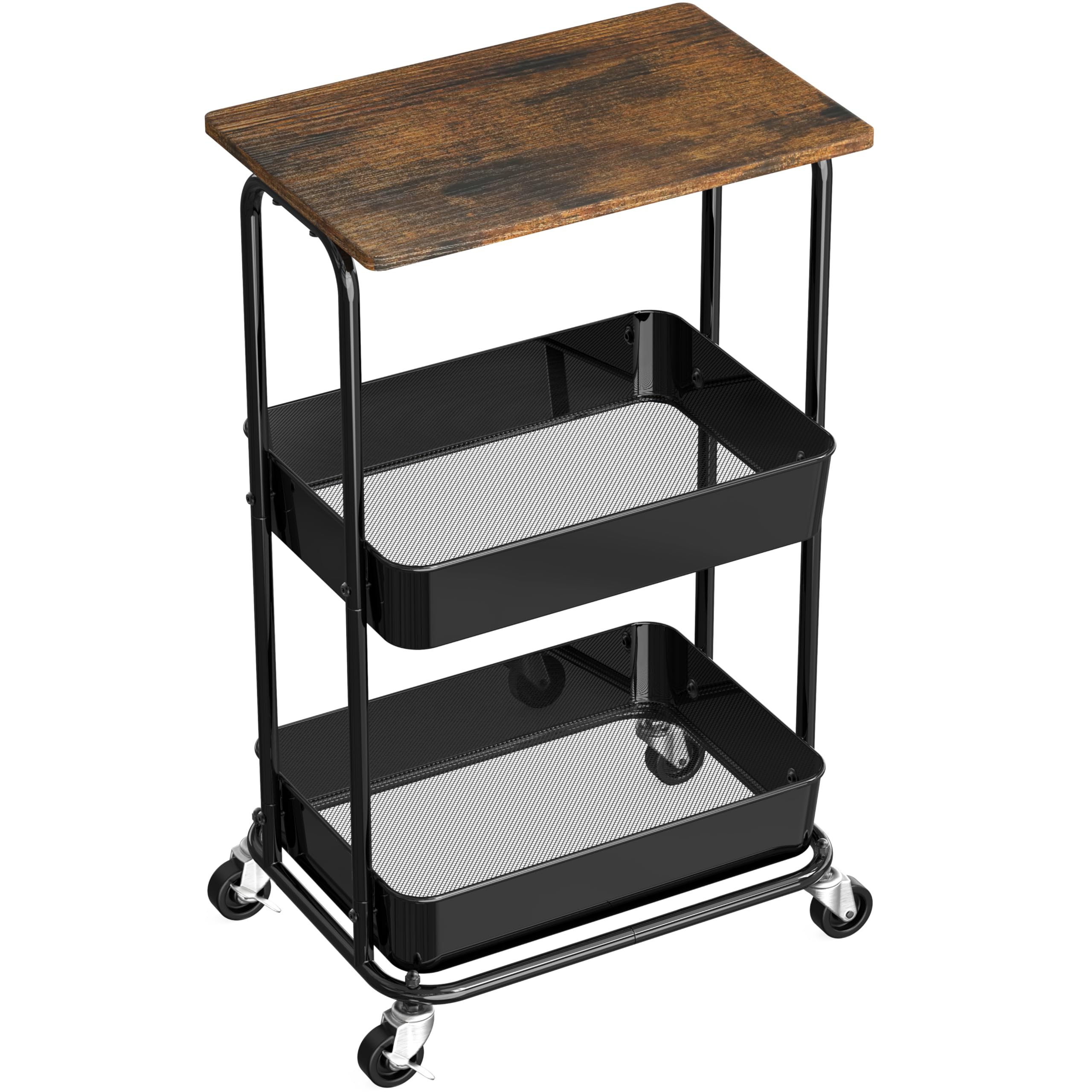 2-Tier Rolling Utility Cart with Top Board - Rustic Brown Kitchen & Bathroom Organizer for Storage, Mobile Serving Cart for Home & Office Use