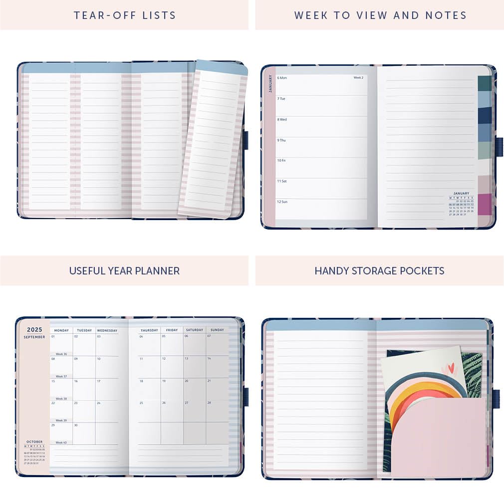 Busy B 2025 A6 Weekly Planner - Compact Navy Floral Diary with To-Do Lists, Notes Pages & 3 Pockets | Week-to-View Layout + Year Planner | Perfect for Work, School & Personal Organization