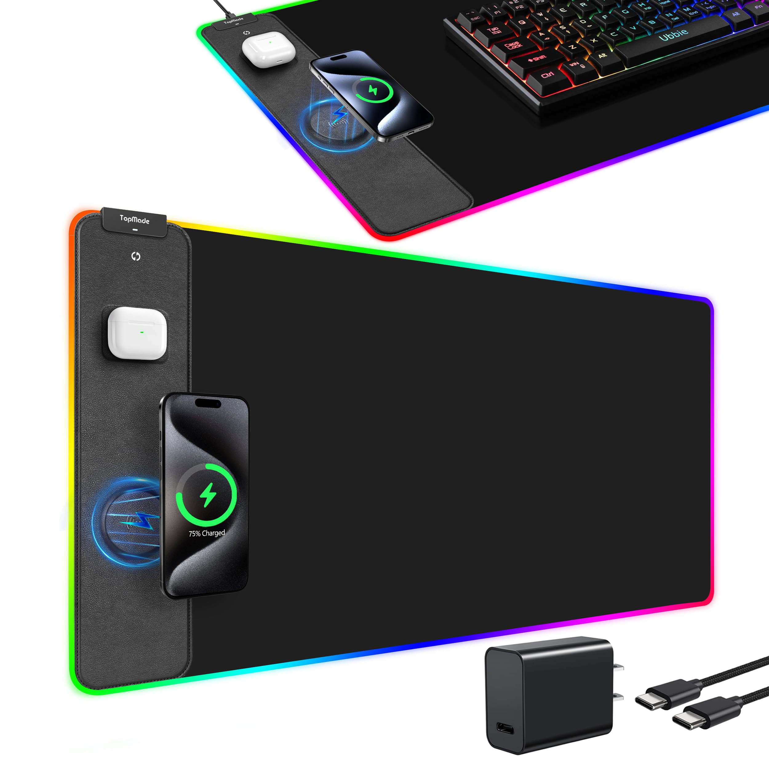 TopMade Wireless Charging RGB Gaming Mouse Pad - Large 31.5x15.75 Inch Waterproof Desk Mat with Ultra-Smooth Surface & Non-Slip Base for PC, MacBook, Laptop - Perfect for Office Work, Gaming & Home Use