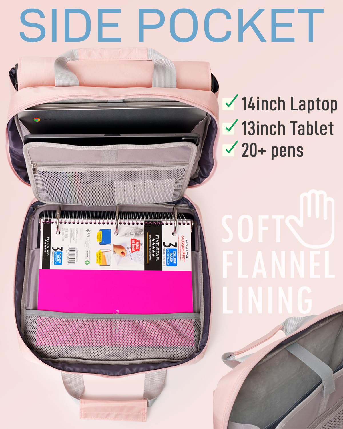 3 Ring Zipper Binder 2 Inch - Large O-Ring Organizer Binder with Handle & Adjustable Shoulder Strap, 14-Inch Laptop Pocket for Chromebook - Pink School & Office Supplies for Students, Teachers & Professionals