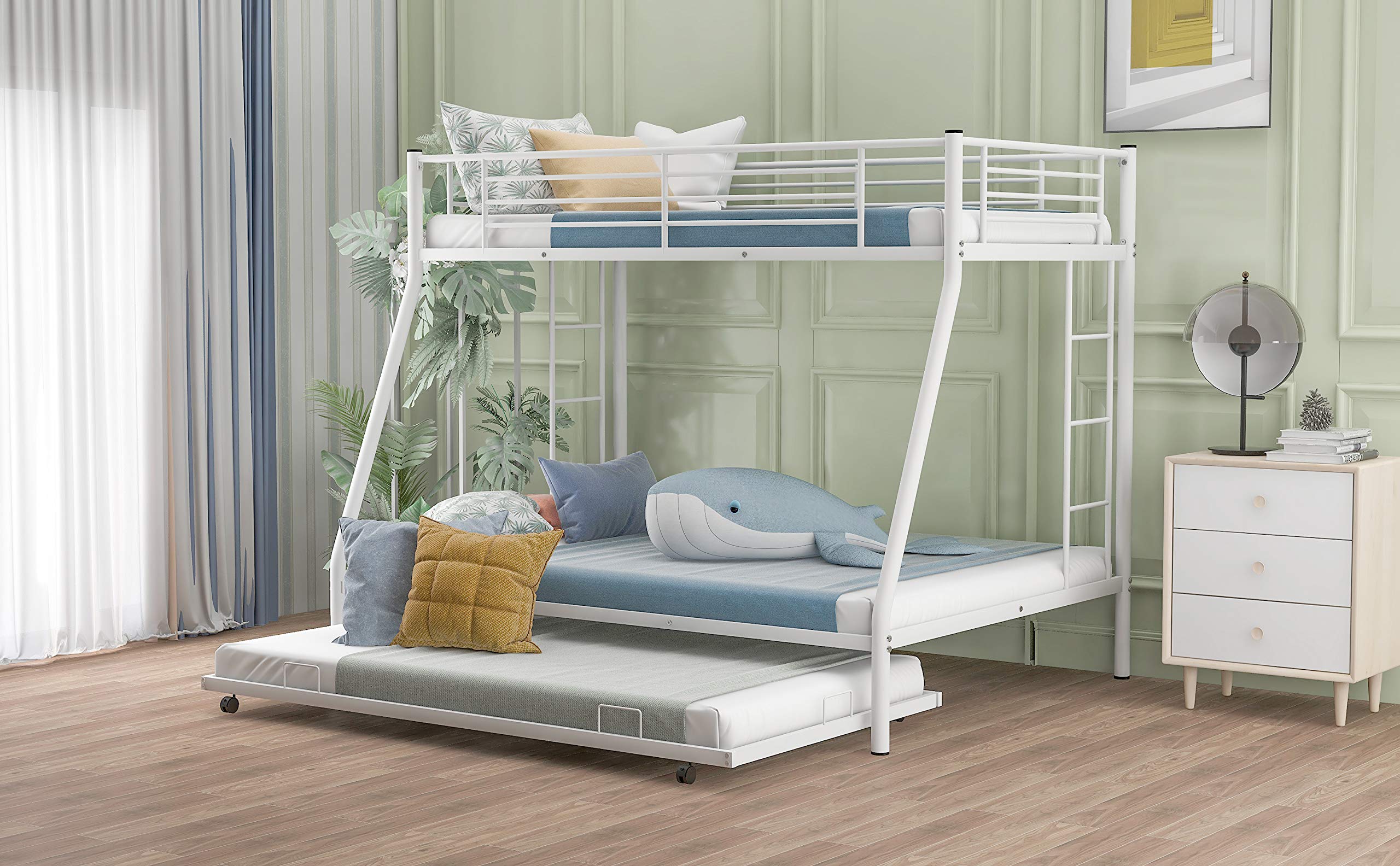 Metal Bunk Beds Twin Over Full Size with 2 Ladders & Trundle Bed - Sturdy Space-Saving Bunk Bed for Kids, Teens & Adults (White) | Perfect for Small Bedrooms, Guest Rooms & Vacation Homes