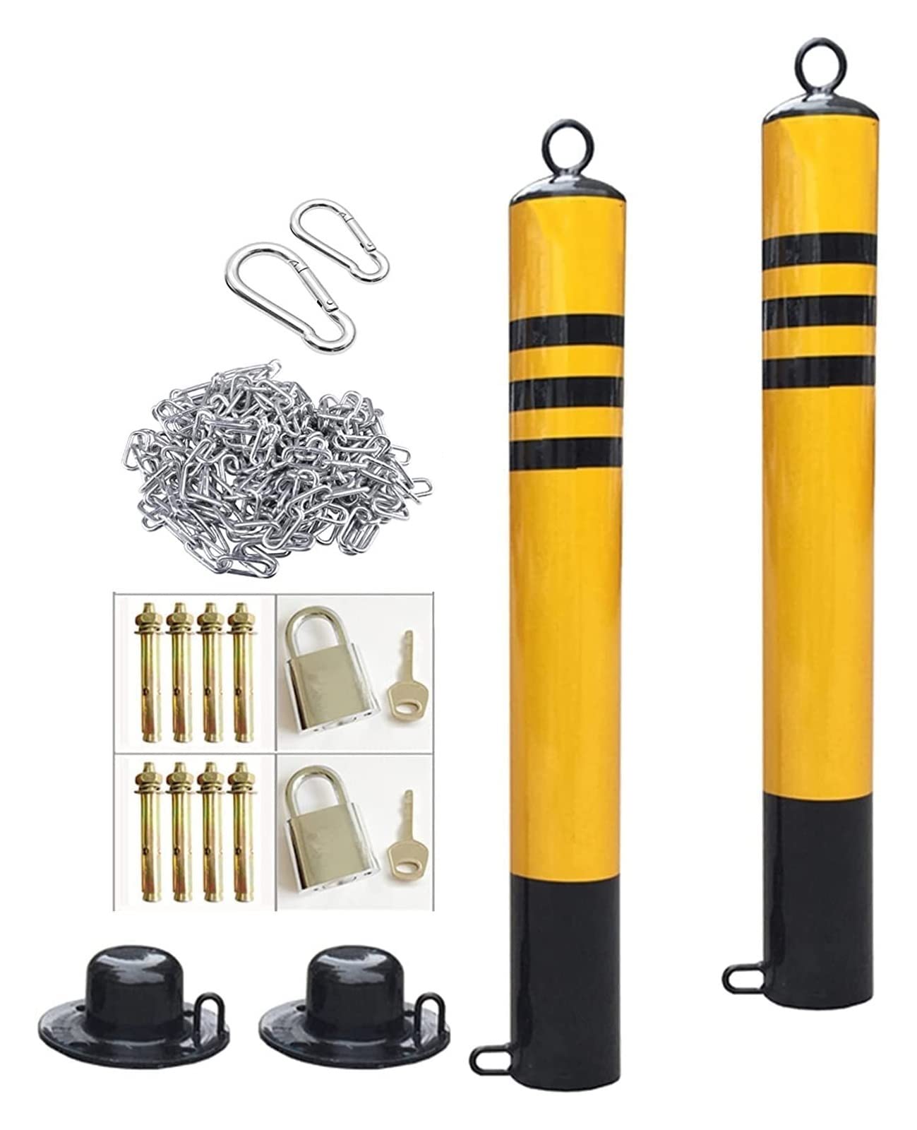 2 Pack Driveway Security Post Barrier with Removable Reflective Tape & 5m Iron Chain - 76x800mm Heavy Duty Parking Bollards for Easy Installation | Perfect for Home Driveway Protection, Parking Space Security, and Traffic Control