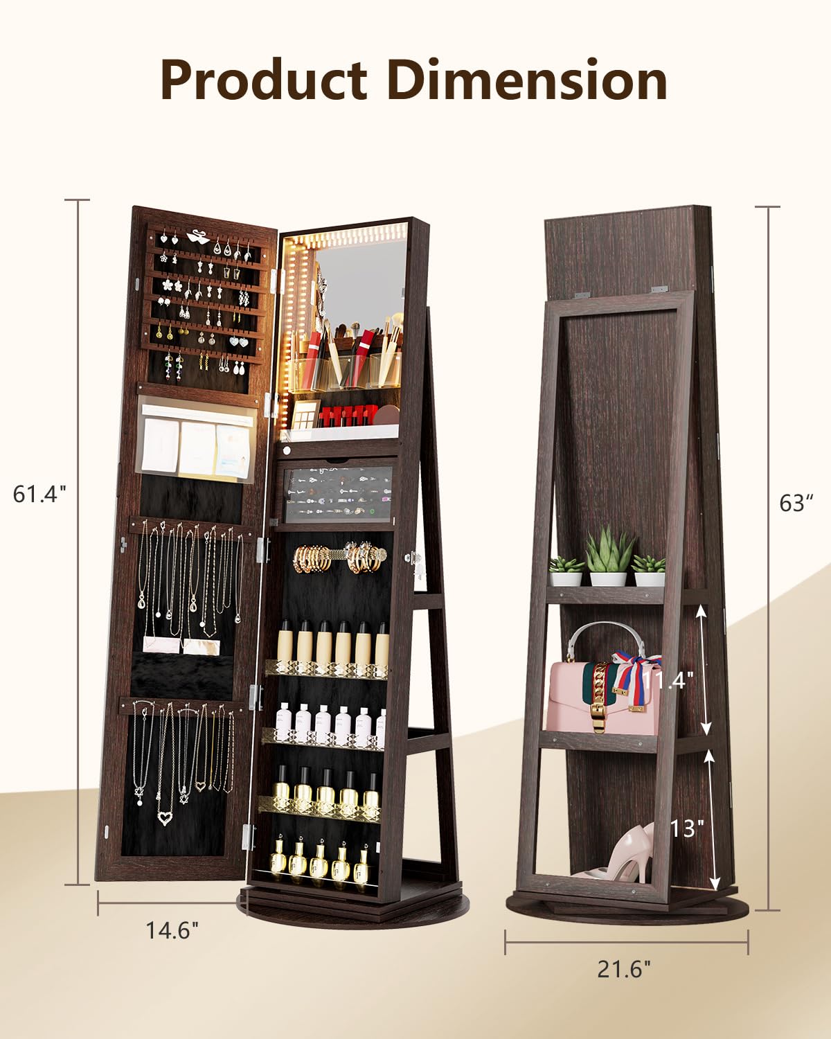 360° Rotating Jewelry Armoire with LED Lights - 63
