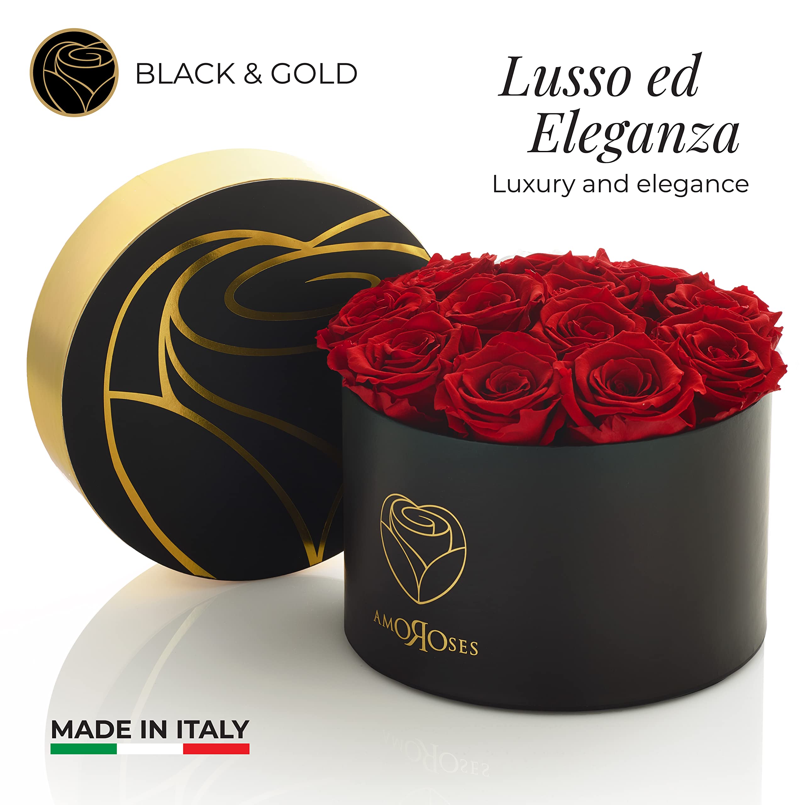 Amoroses 12 Preserved Real Roses Last for Years - Elegant Gift for Her, Valentine's Day, Anniversaries & Special Occasions (Black Box with Red Roses) - Perfect for Home Decor, Wedding Centerpieces & Romantic Surprises