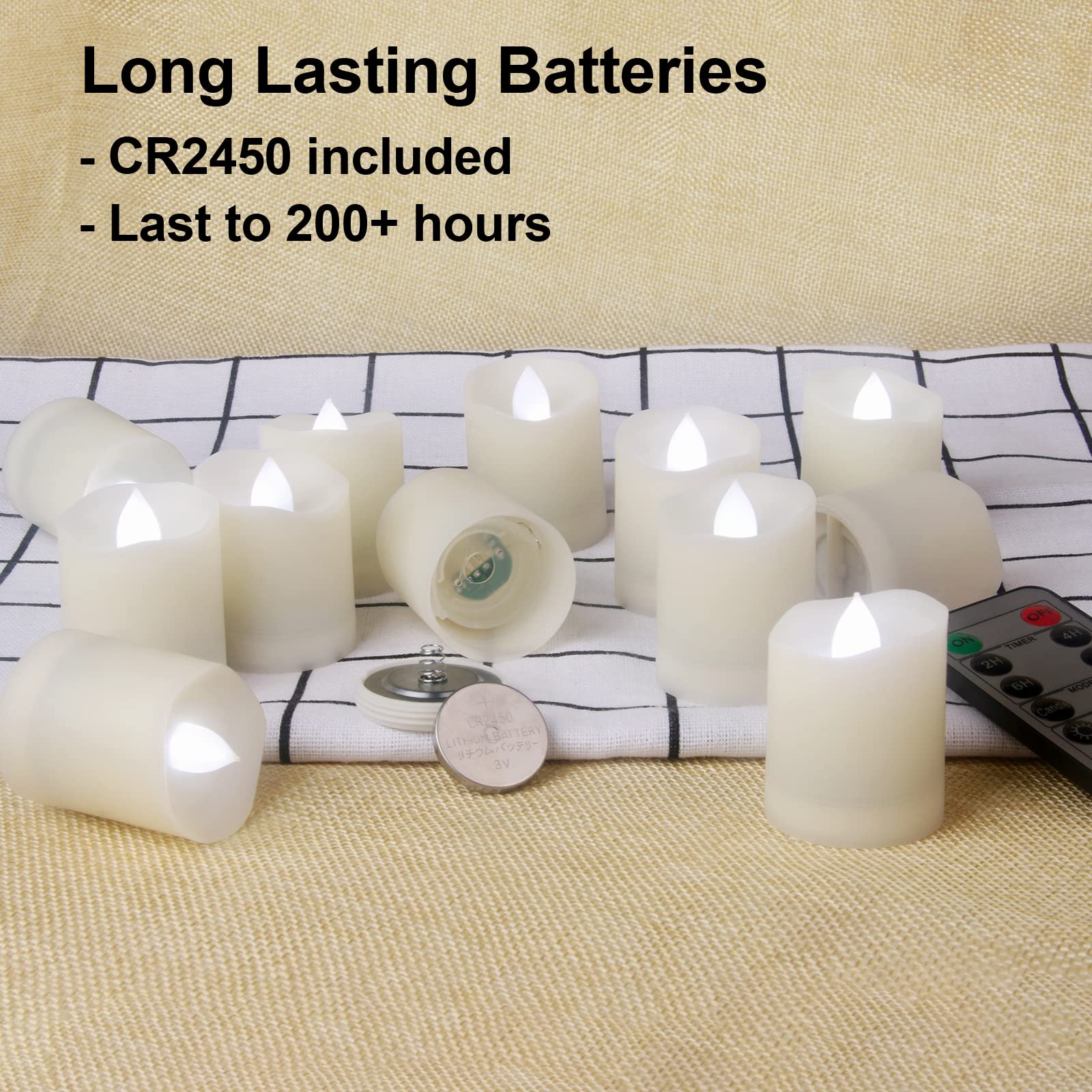 Flameless LED Tea Light Candles with Remote & Timer - Realistic Flickering Votive Candles, Battery Operated (200 Hours) - Set of 12 White Fake Candles for Holiday Decor, Wedding Centerpieces & Romantic Ambiance - 1.8