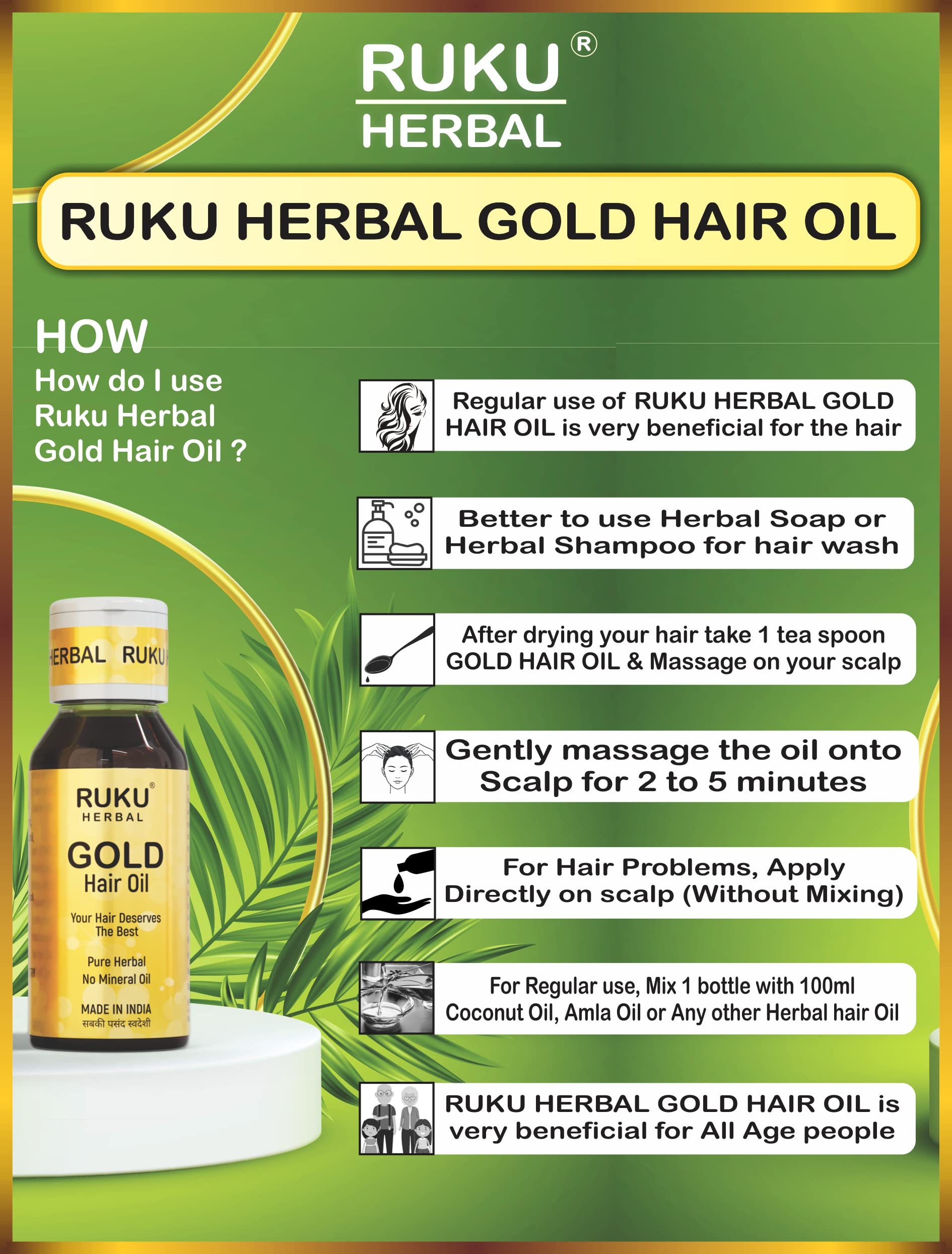 RUKU Herbal Gold Hair Oil 60ml - Natural Hair Growth Treatment for Thinning, Dry & Damaged Hair - Promotes Stronger, Longer & Healthier Locks - Perfect for Daily Scalp Massage & Hair Care Routine