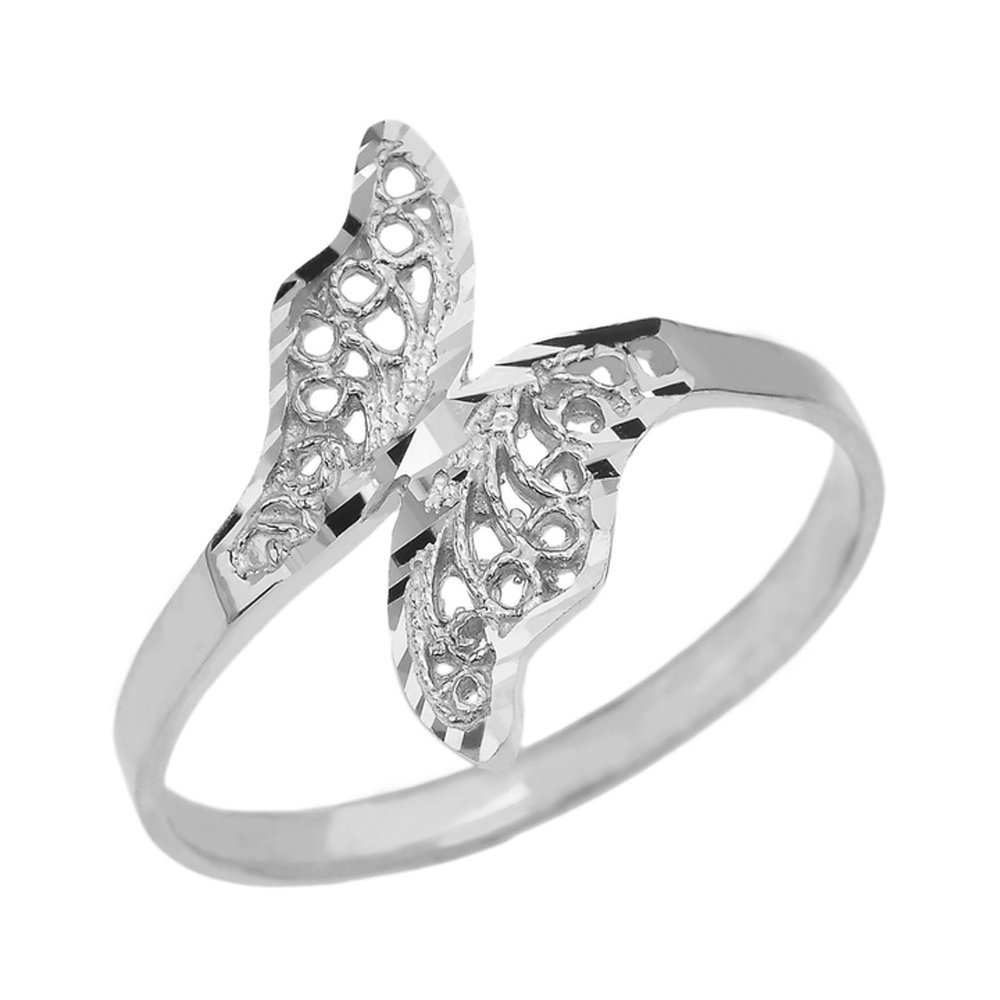 10k White Gold Double Leaf Filigree Ring - Elegant High Polish Jewelry for Women, Perfect for Weddings, Anniversaries & Special Occasions