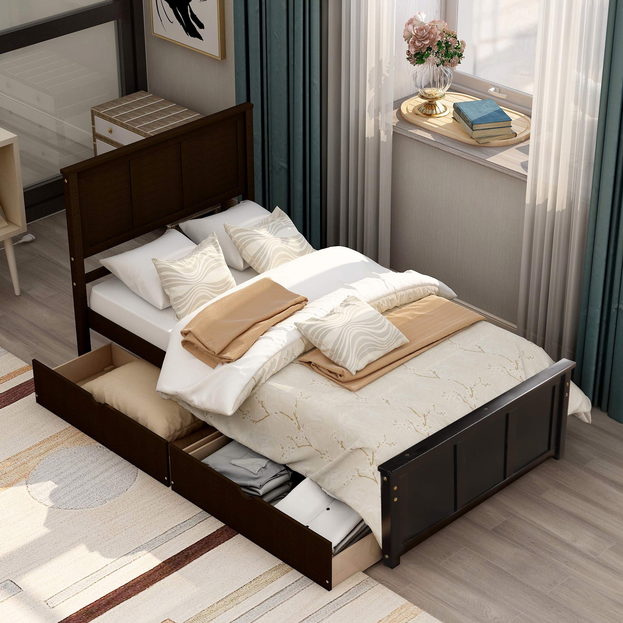 P PURLOVE Twin Size Wooden Platform Bed Frame with Headboard & 2 Storage Drawers - Espresso Finish, Space-Saving Bedroom Furniture for Small Rooms, Dorms & Apartments