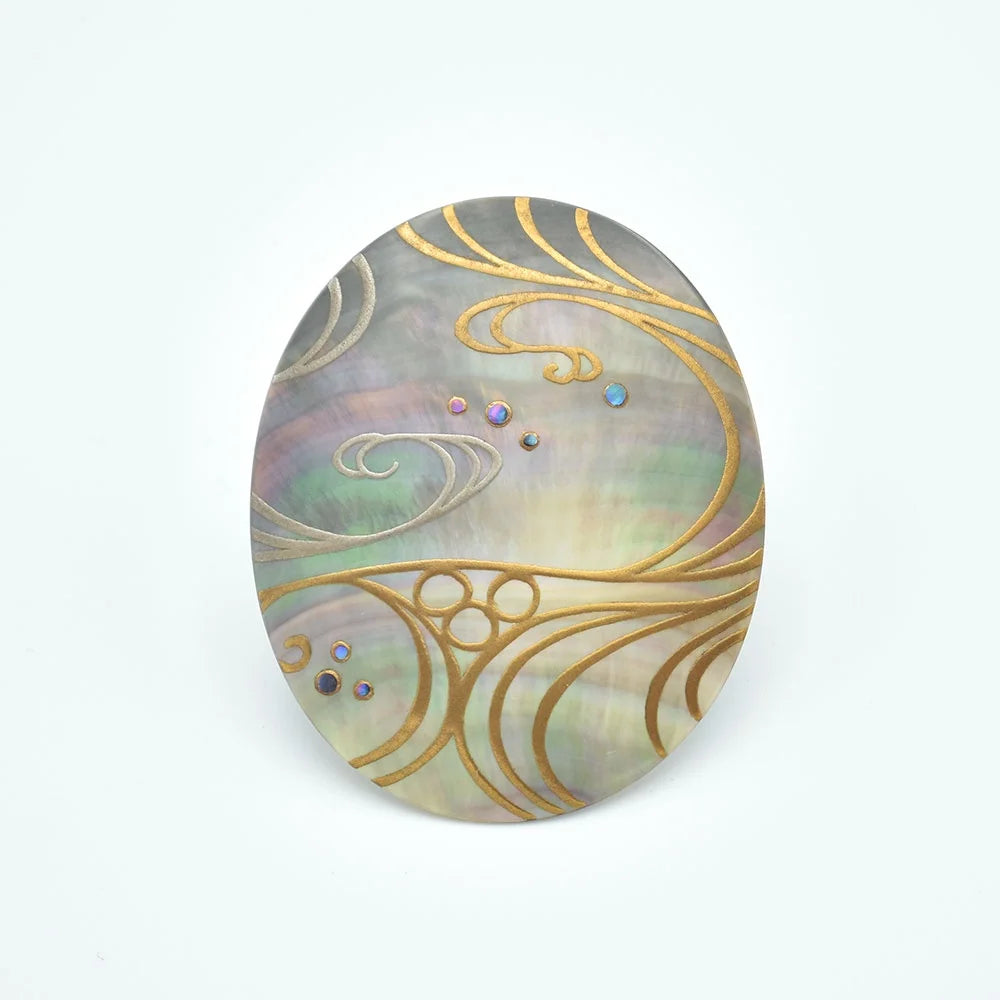 Handcrafted Maki-e Urushi Lacquer Brooch with Black Lip Oyster Pearl Shell - Traditional Japanese Jewelry - Flowing Water Design - Elegant Gift for Women - Perfect for Weddings, Tea Ceremonies & Special Occasions