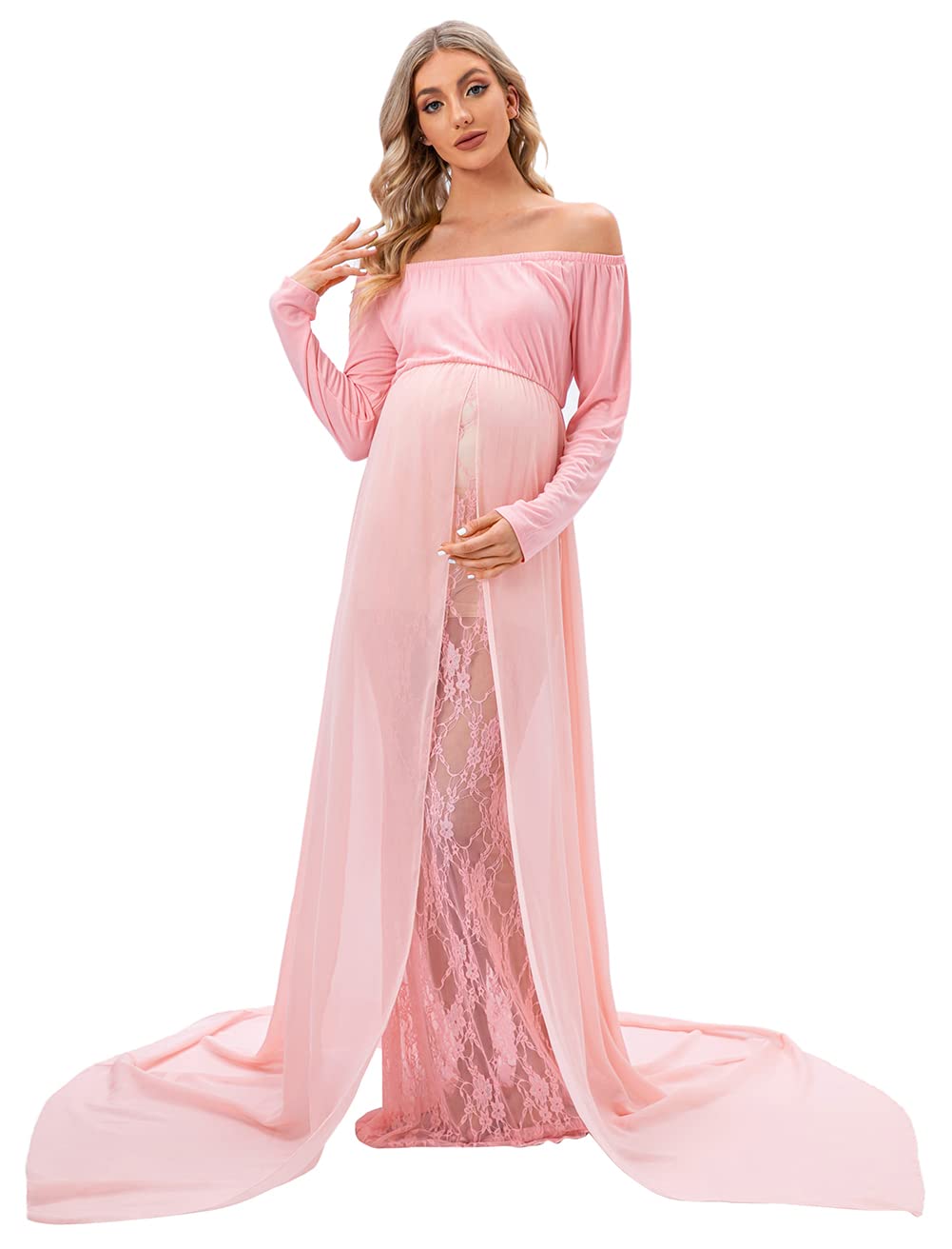ZIUMUDY Women's Maternity Photoshoot Dress - Elegant Long Sleeve Off Shoulder Lace Gown with Flowy Chiffon Train Layer for Pregnancy Photo Shoots, Baby Showers & Special Occasions