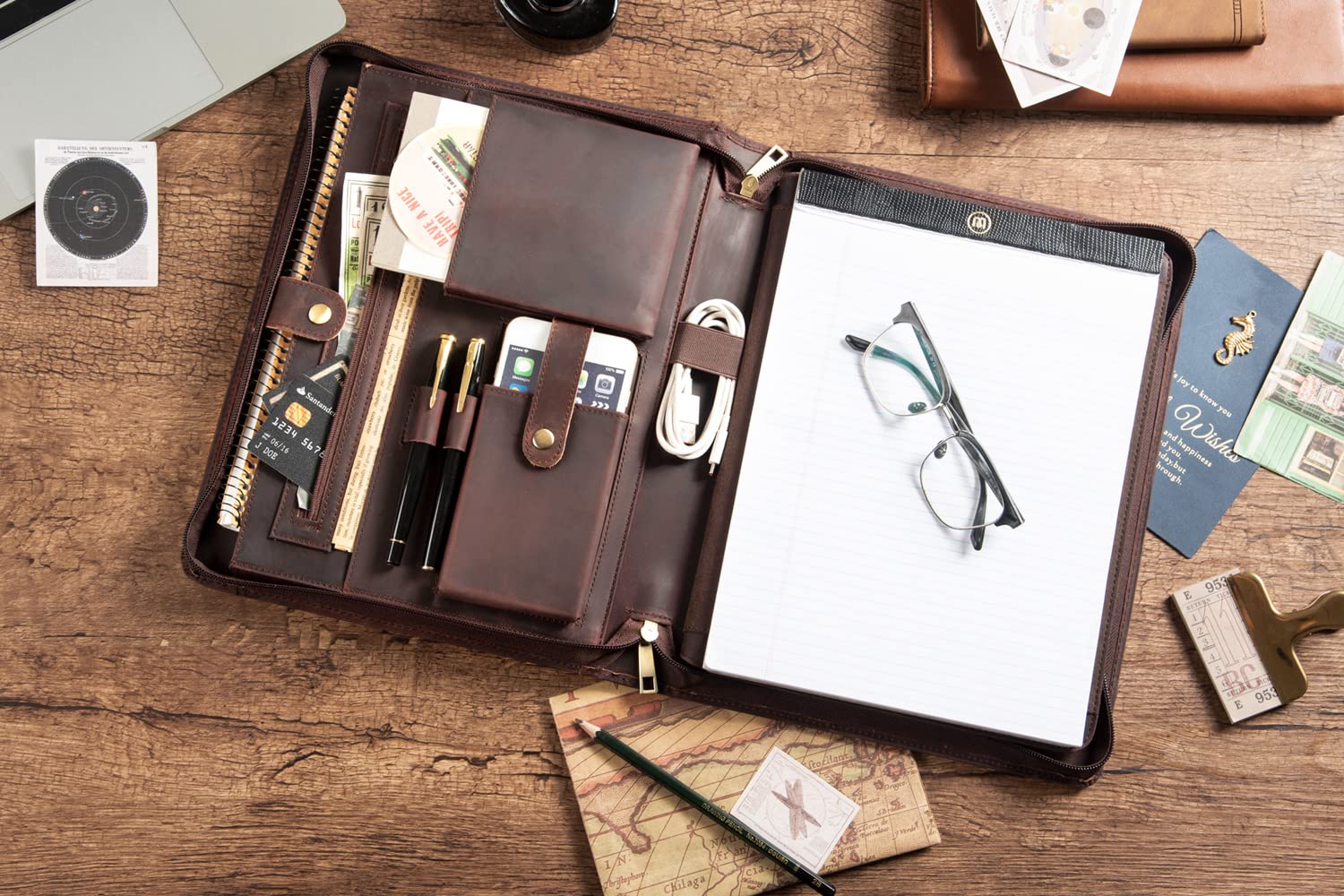 Premium Handmade Leather Portfolio for Men - Zippered Business Document Organizer with A4/Letter Size Capacity & iPad 12.9