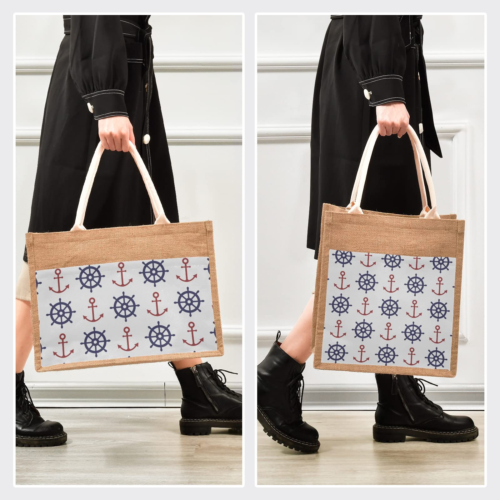 Stylish Sinestour Nautical Jute Tote Bag with Pockets - Eco-Friendly Reusable Grocery & Beach Tote for Women - Perfect for Shopping, Farmers Market & Summer Outings