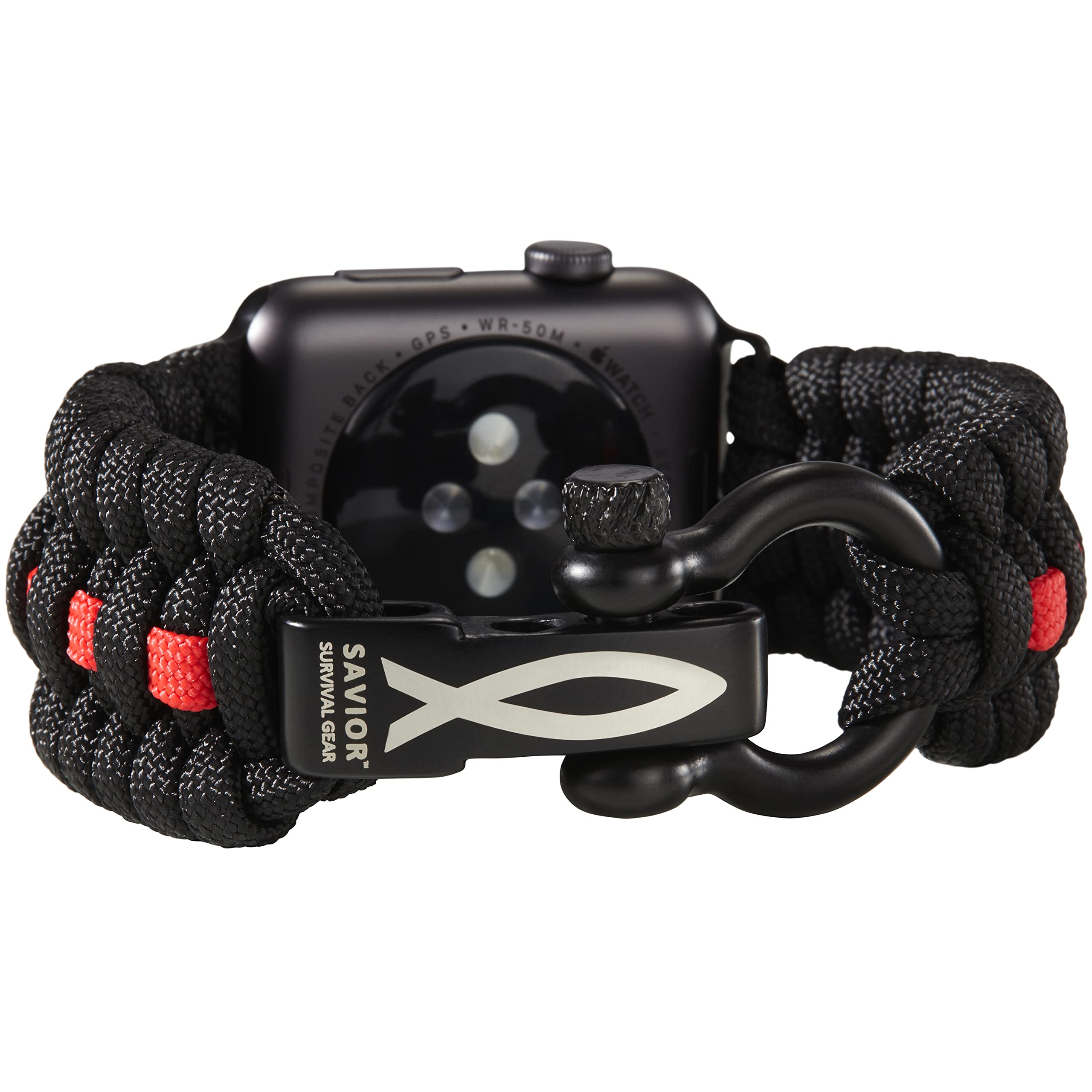 Savior Survival Gear Paracord Watch Band - Compatible with Apple Watch Series 42mm 44mm 45mm 49mm, 550 Paracord & Stainless Steel Shackle for Men & Women (Black/Red, Large) - Perfect for Outdoor Adventures, Hiking, Camping & Emergency Survival