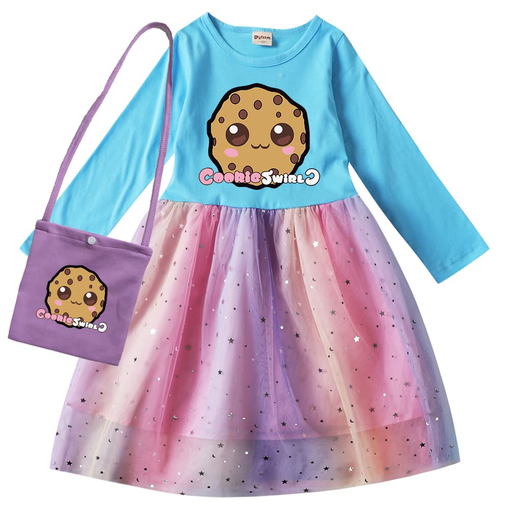 Girls Cosplay Cookie Swirl C Long Sleeve Dress with Matching Bag - Kids Spring & Autumn Party Costume for Halloween, Birthday & Dress-Up Play
