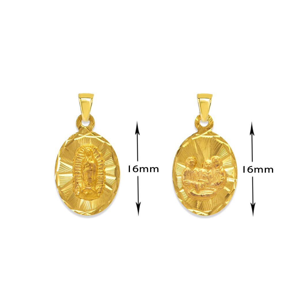 14K Yellow Gold Oval Guadalupe & Sacred Heart Two-Sided Catholic Pendant Necklace for Women & Men - 8x11MM Religious Jewelry Gift for Baptism, First Communion & Faith Devotion