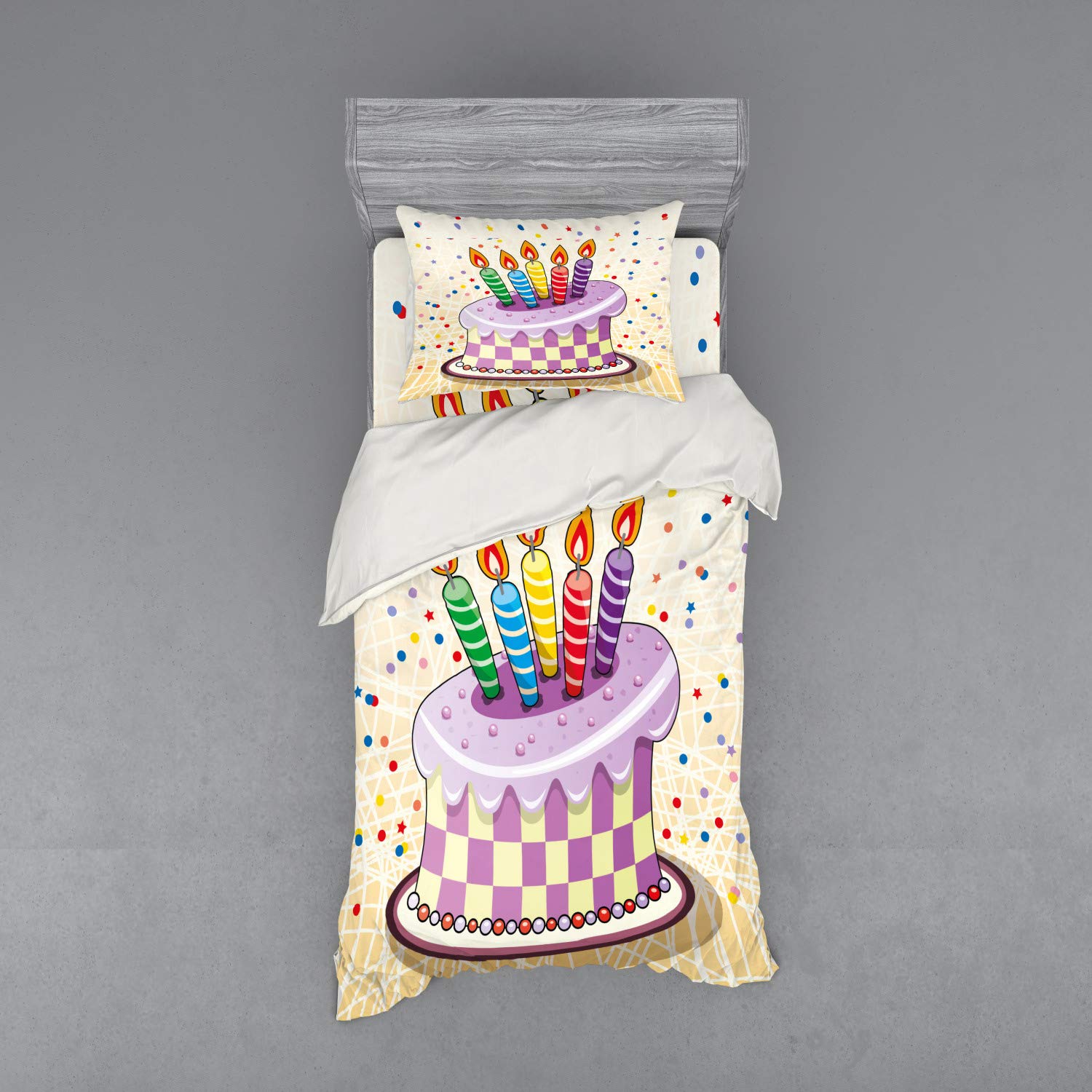 Ambesonne Birthday Bedding Set - Retro Cake & Candles Duvet Cover with Polka Dots, Stars & Stripes - 3 Piece Twin XL Bed Set (Duvet Cover, Sham & Fitted Sheet) - Vibrant Multicolor Design for Birthday Party Decorations & Teen Bedroom Makeovers