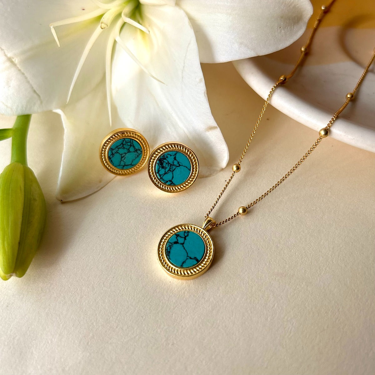 Harmony Pendant Necklace & Stud Earrings Set - Turquoise Gemstone Jewelry for Women | Perfect for Weddings, Parties & Everyday Wear